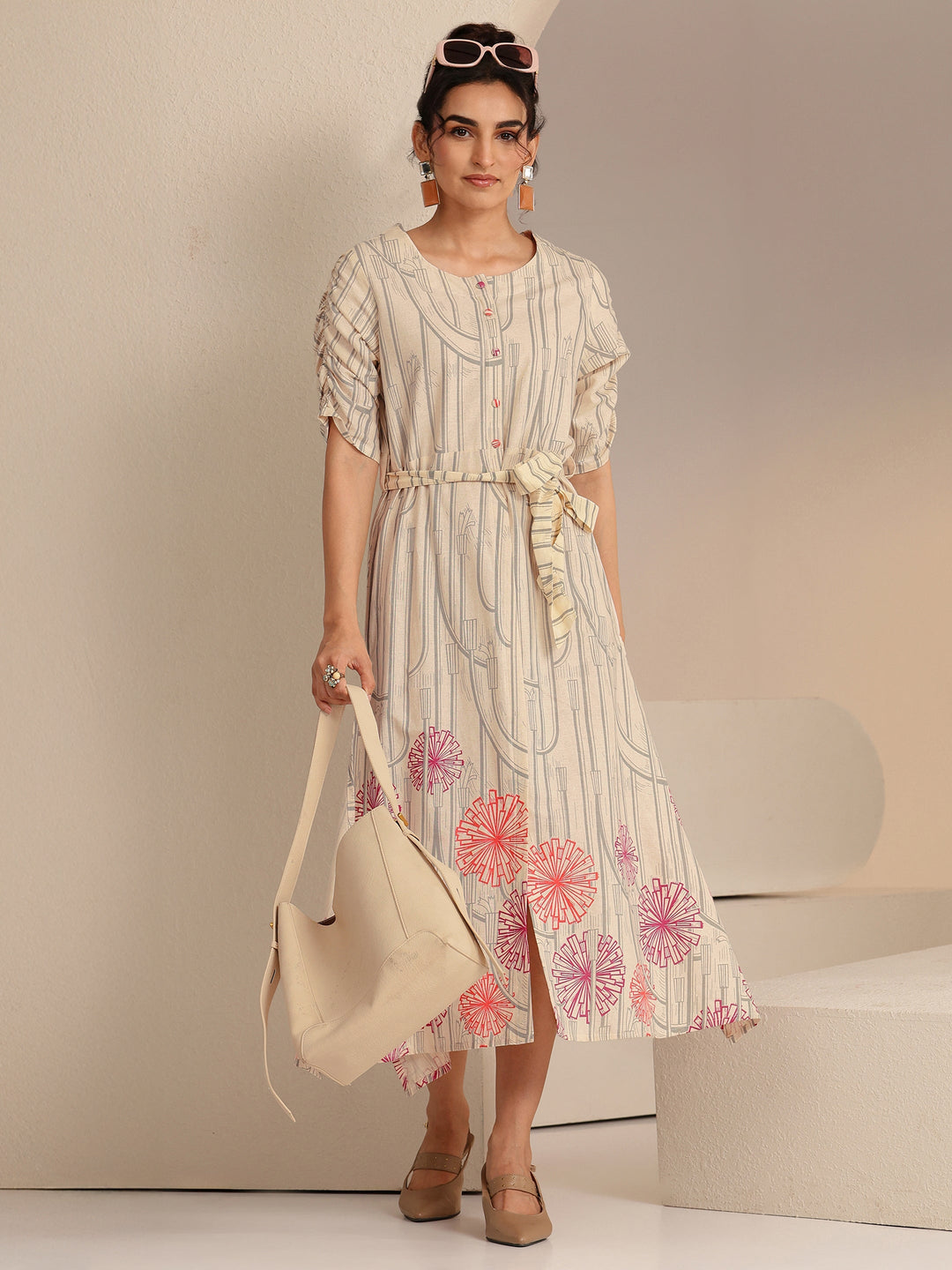  Ivory Geometric Print Cotton Midi Dress 