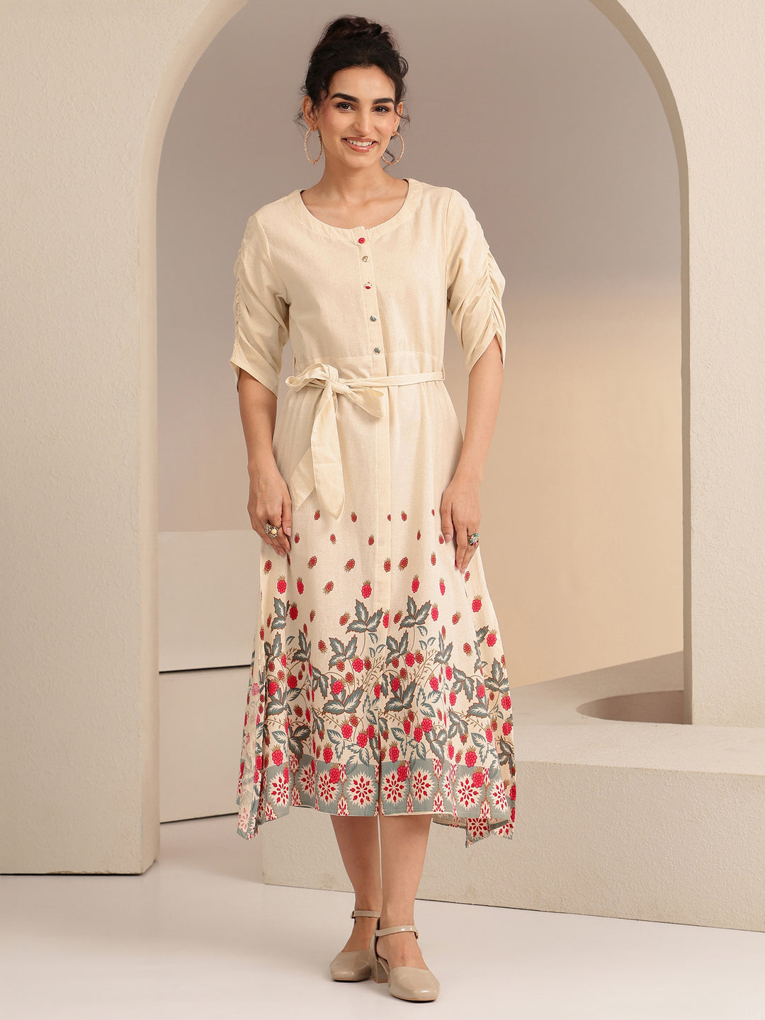  Libas Ivory and Red Floral Printed Cotton Blend Midi Dress 