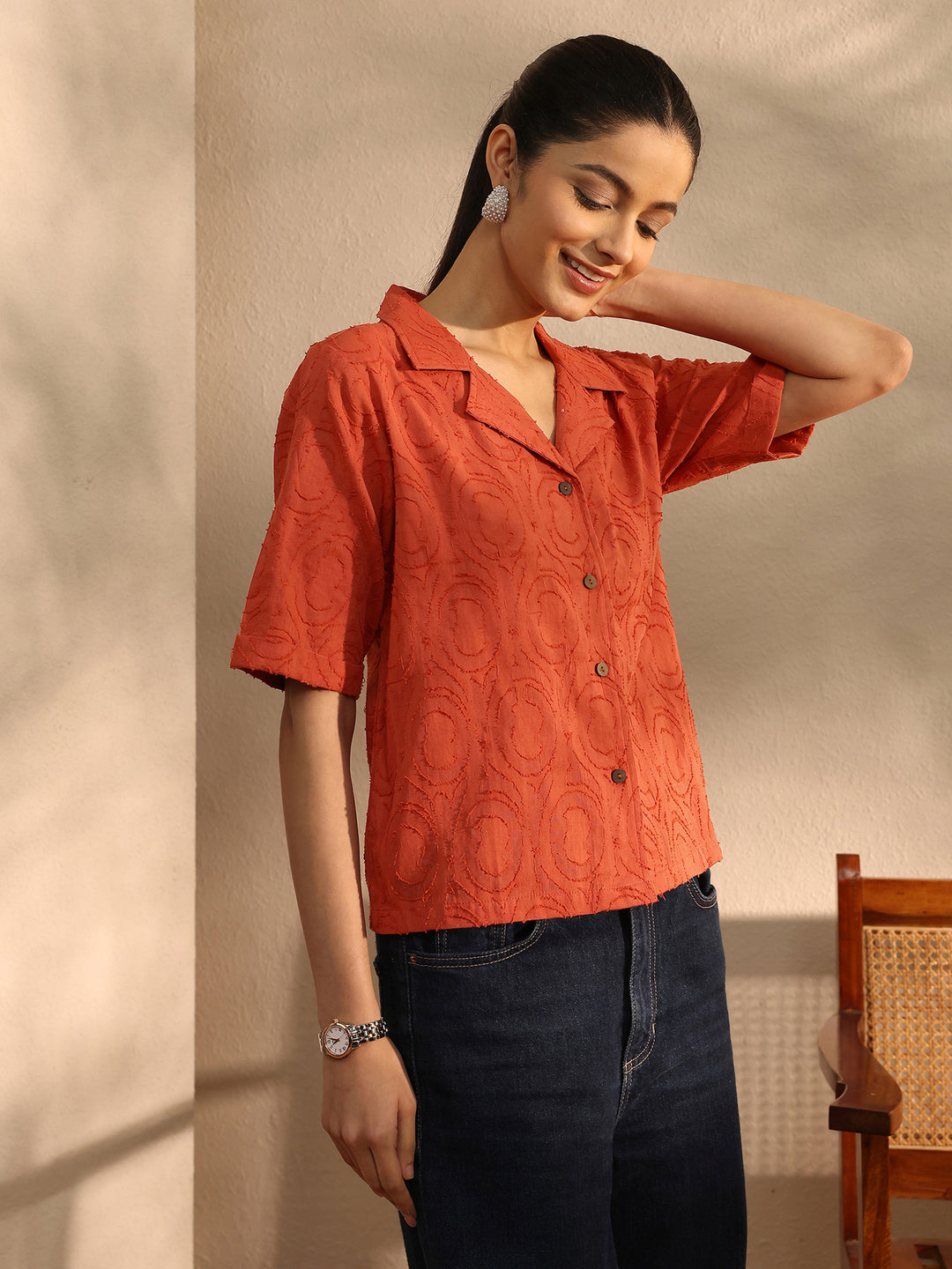  Orange Self Design Cotton Straight Shirt 