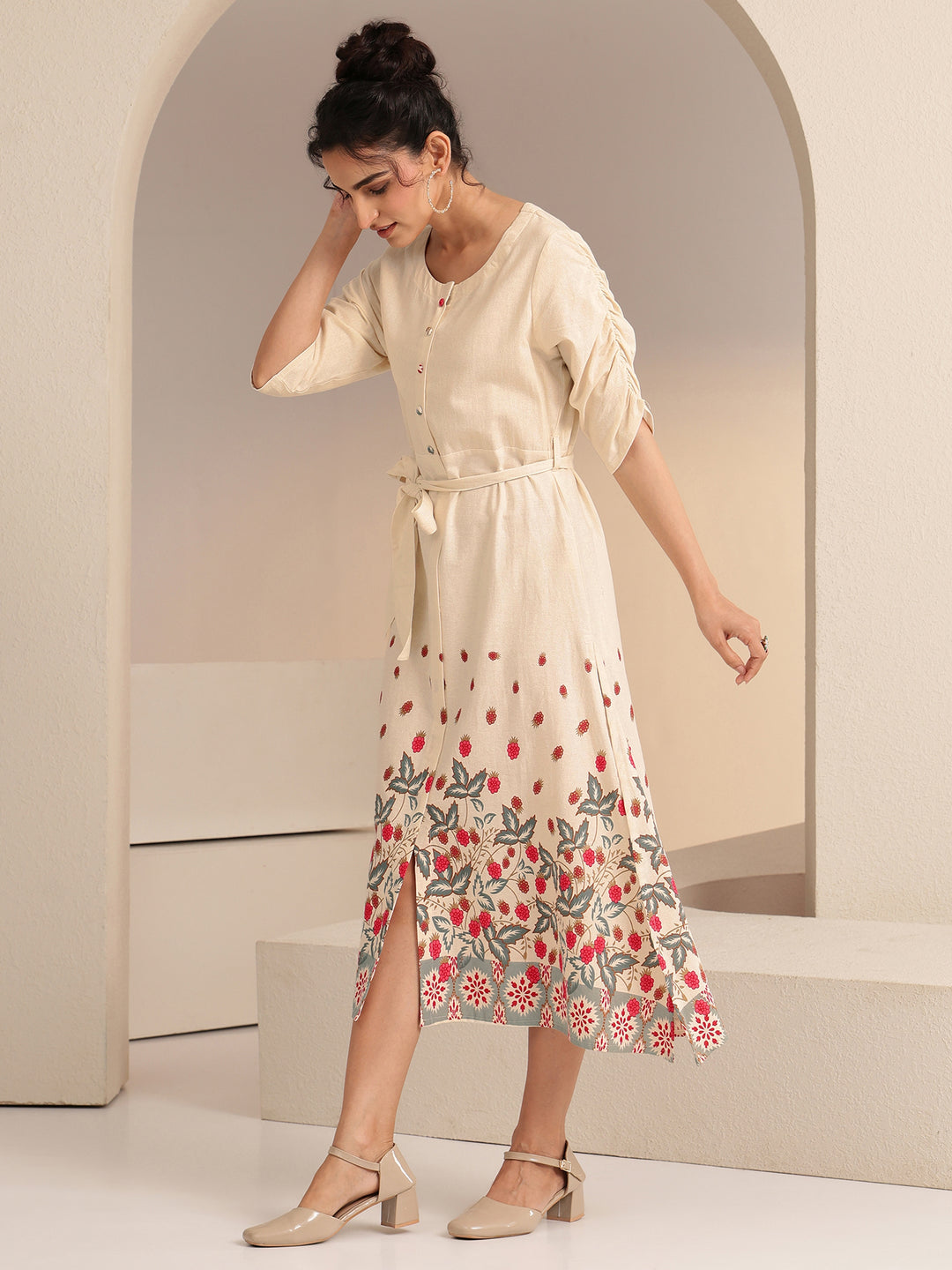  Libas Ivory and Red Floral Printed Cotton Blend Midi Dress 