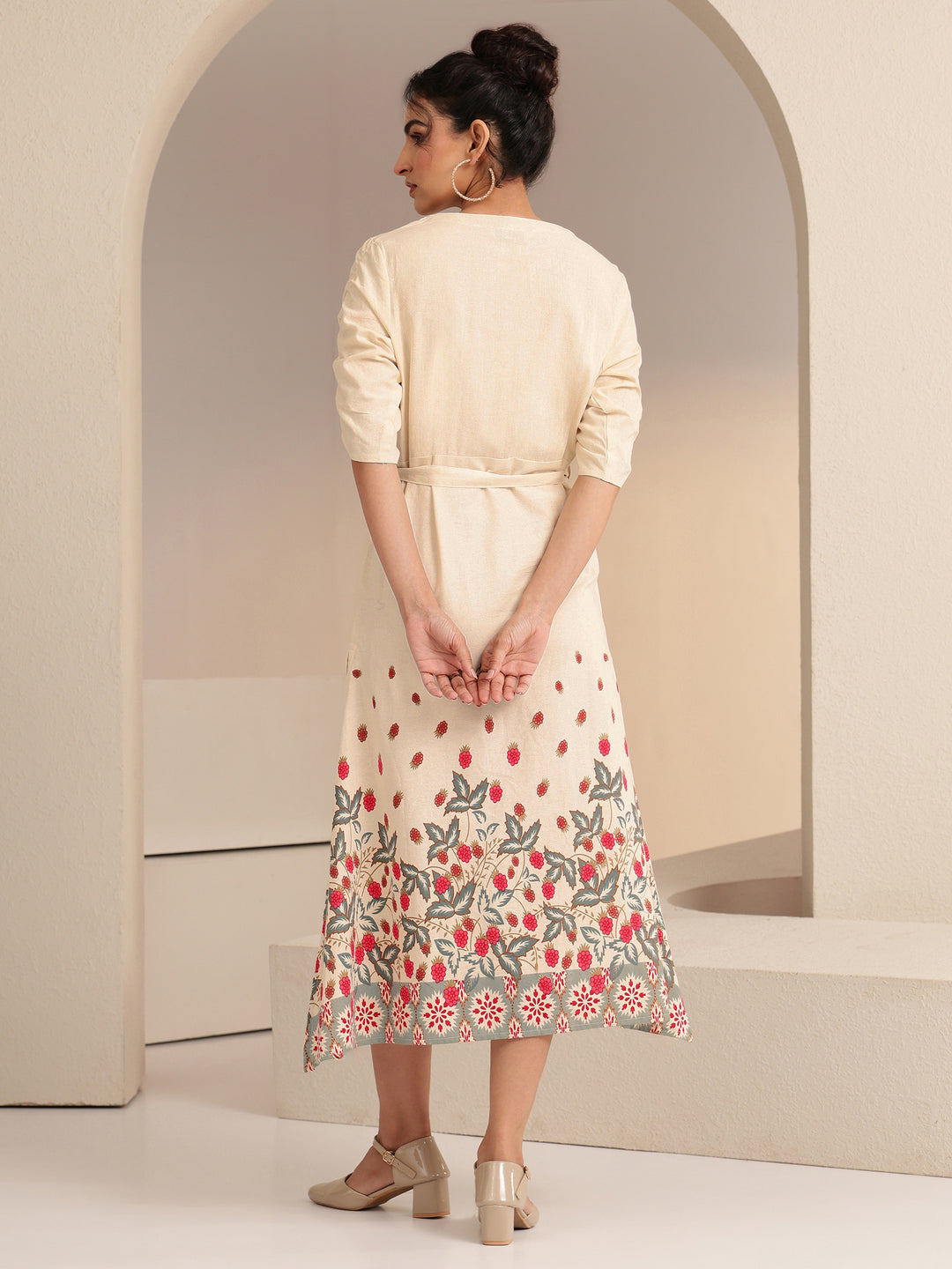  Libas Ivory and Red Floral Printed Cotton Blend Midi Dress 