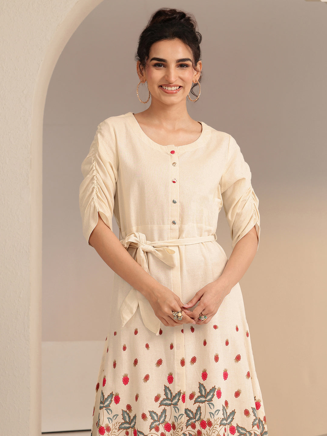  Libas Ivory and Red Floral Printed Cotton Blend Midi Dress 