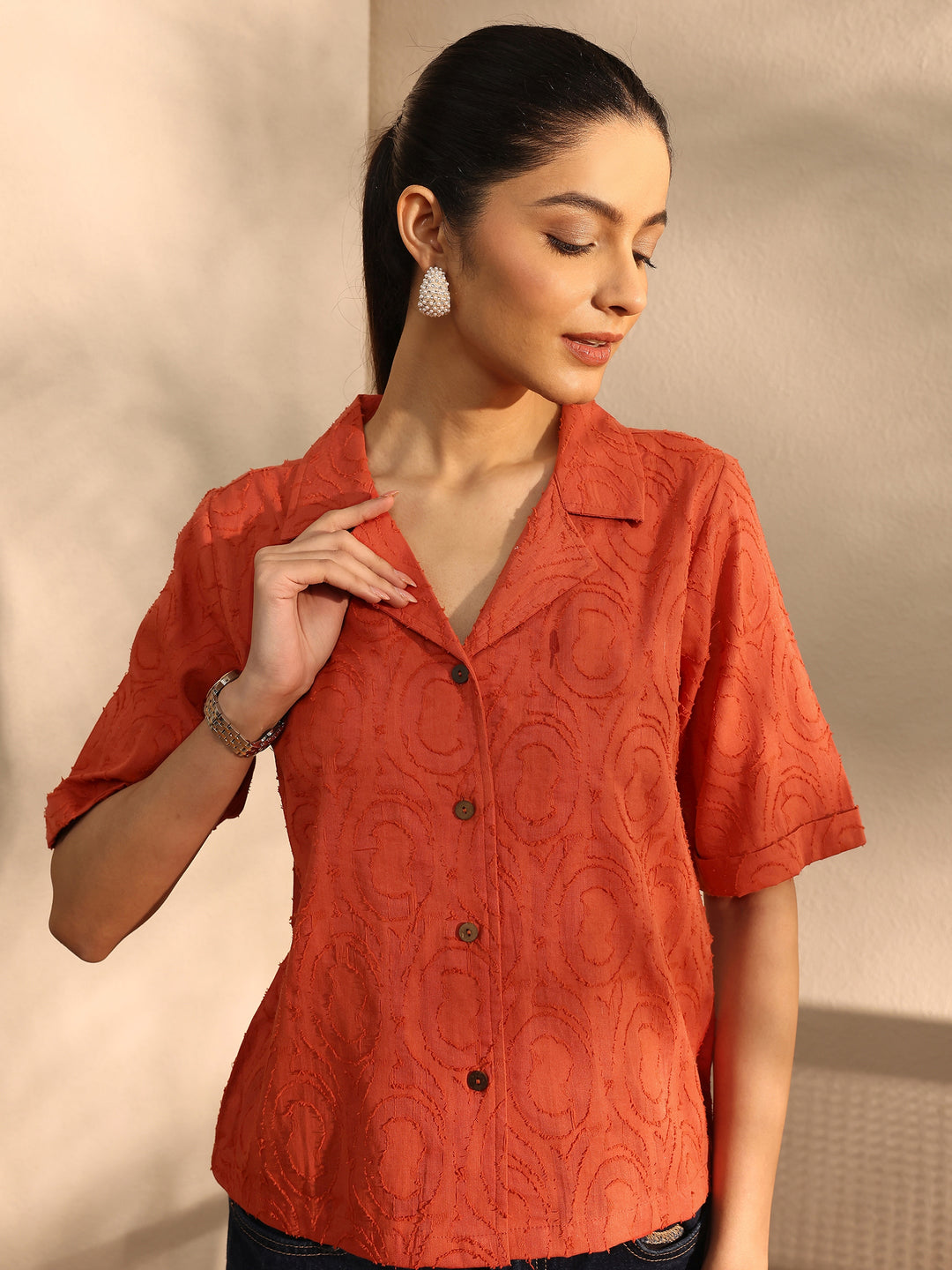  Orange Self Design Cotton Straight Shirt 