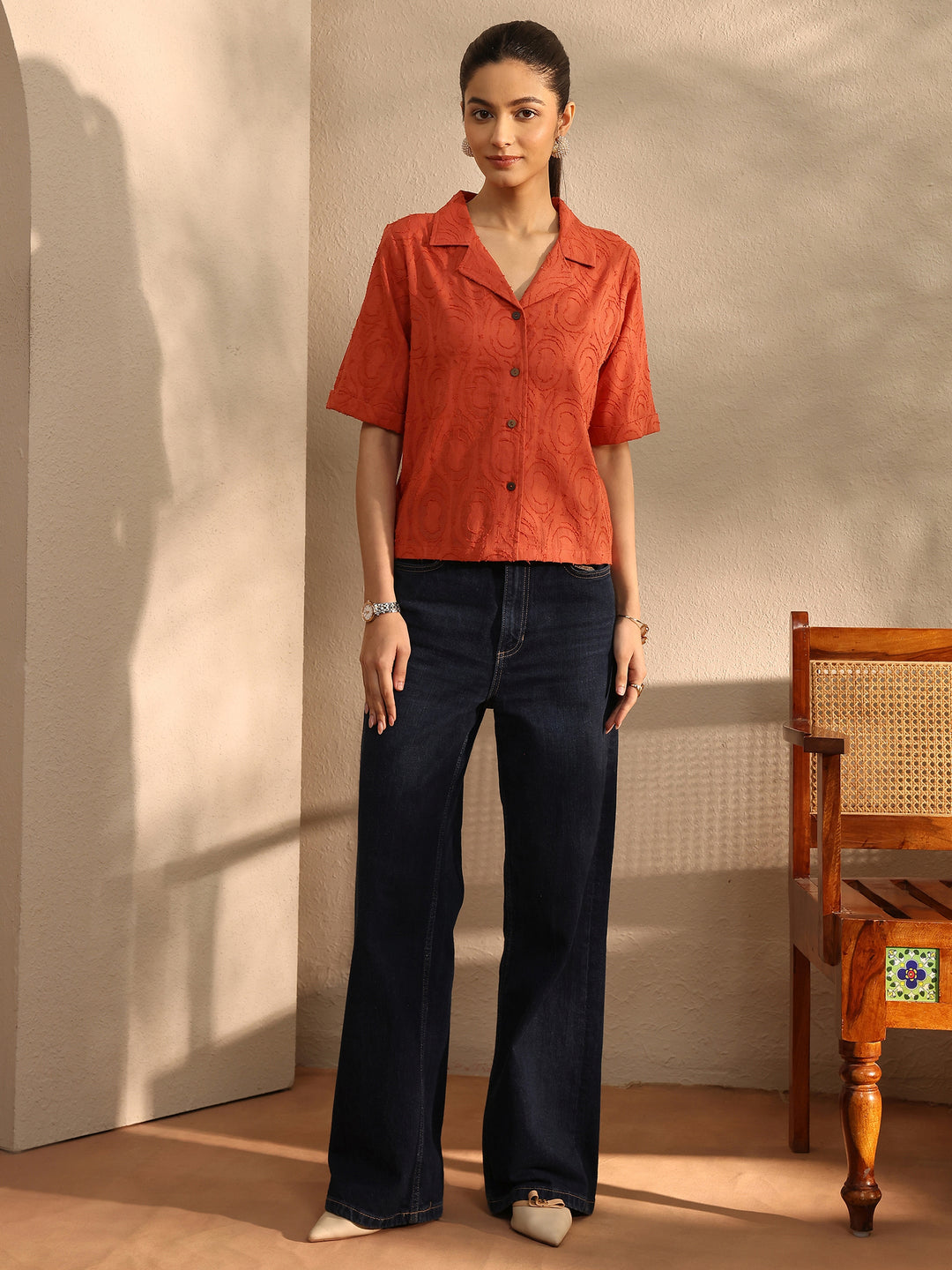  Orange Self Design Cotton Straight Shirt 