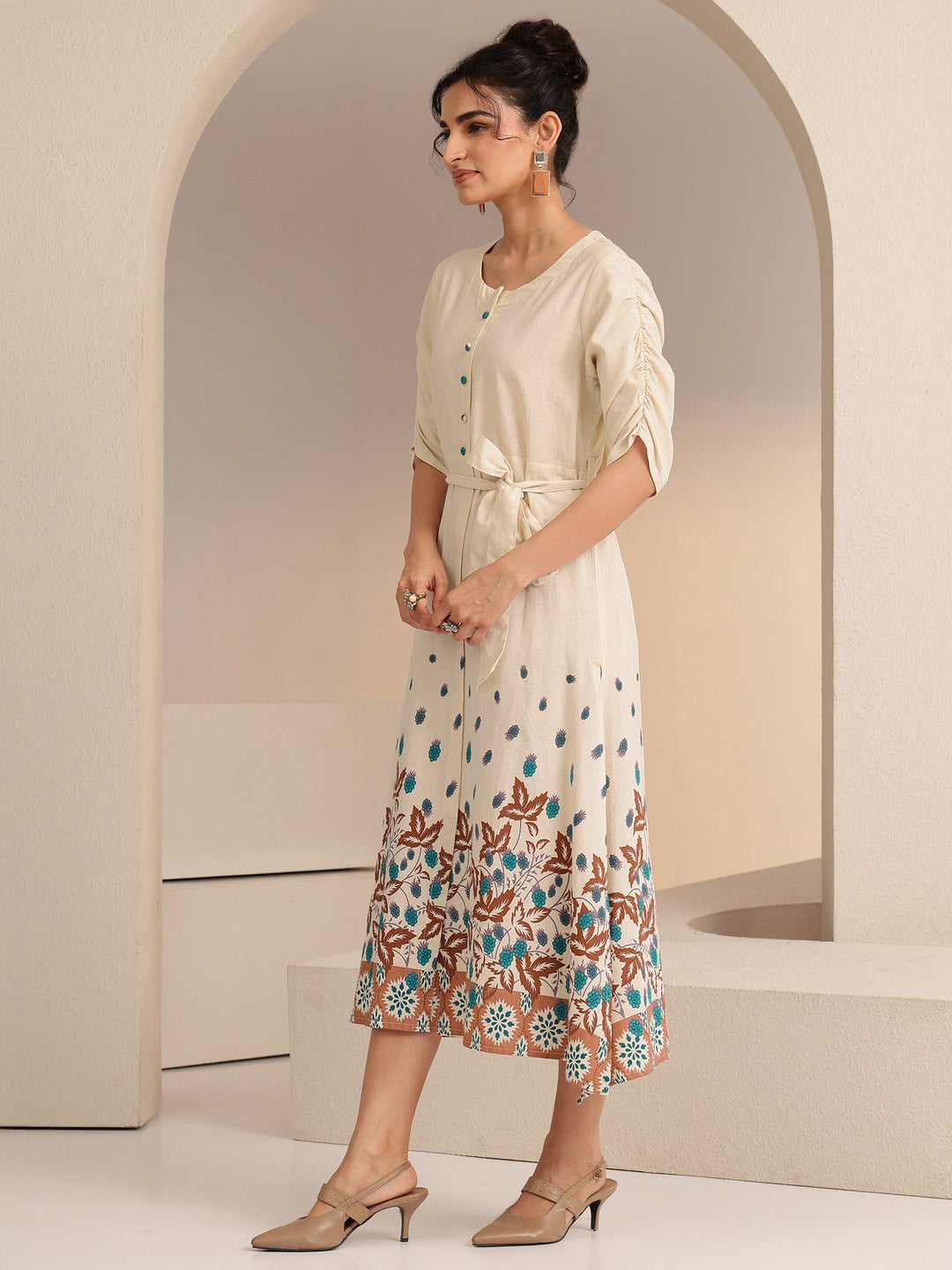  Ivory and Blue Printed Cotton Blend Midi Dress 