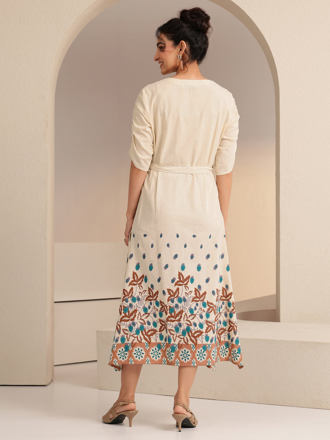  Ivory and Blue Printed Cotton Blend Midi Dress 
