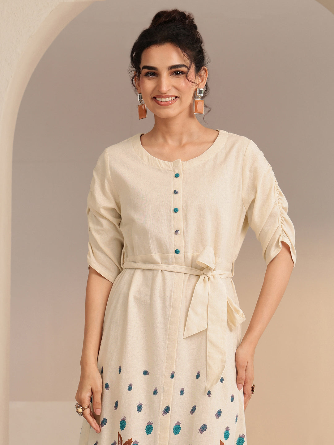  Ivory and Blue Printed Cotton Blend Midi Dress 