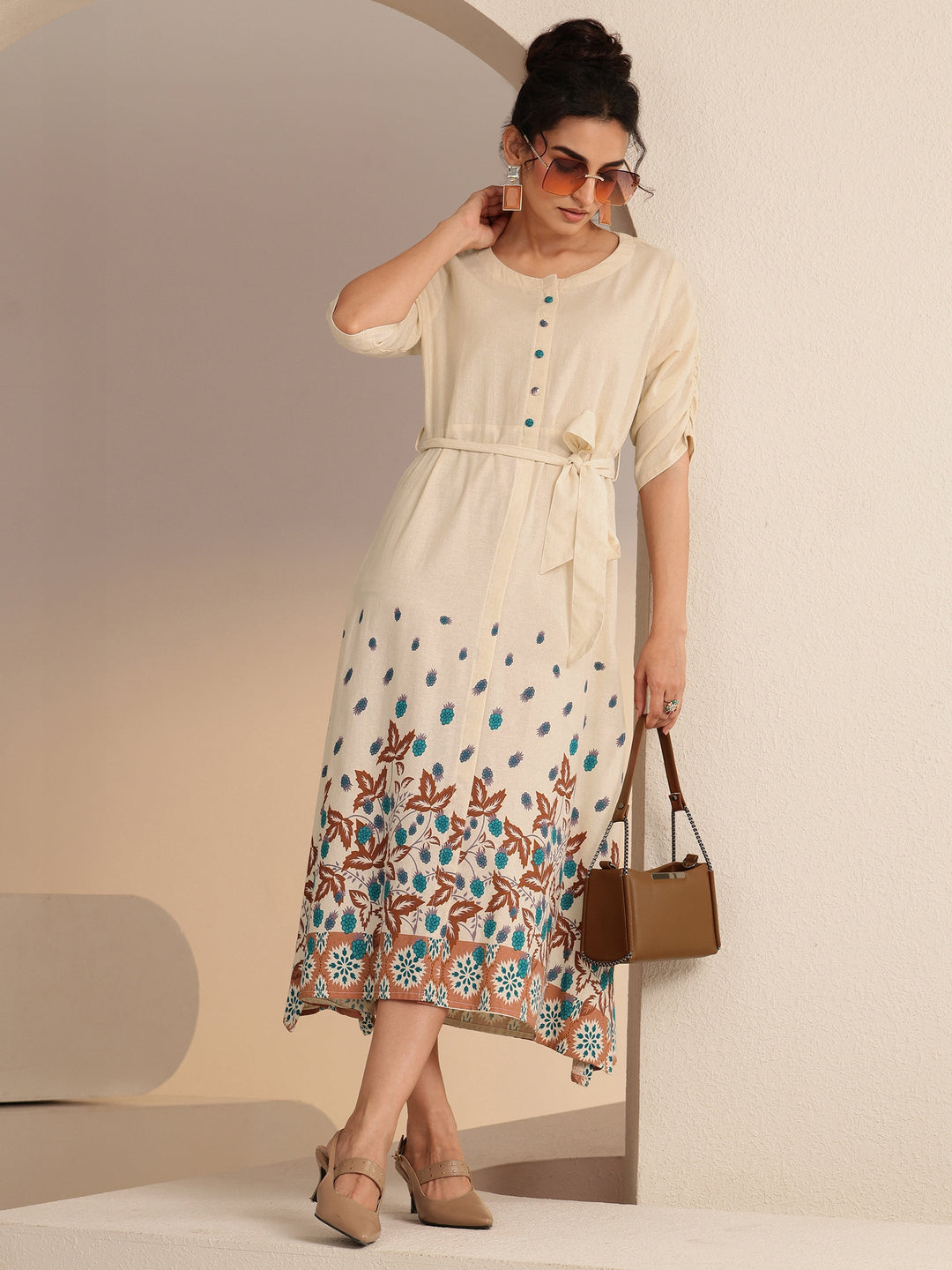  Ivory and Blue Printed Cotton Blend Midi Dress 