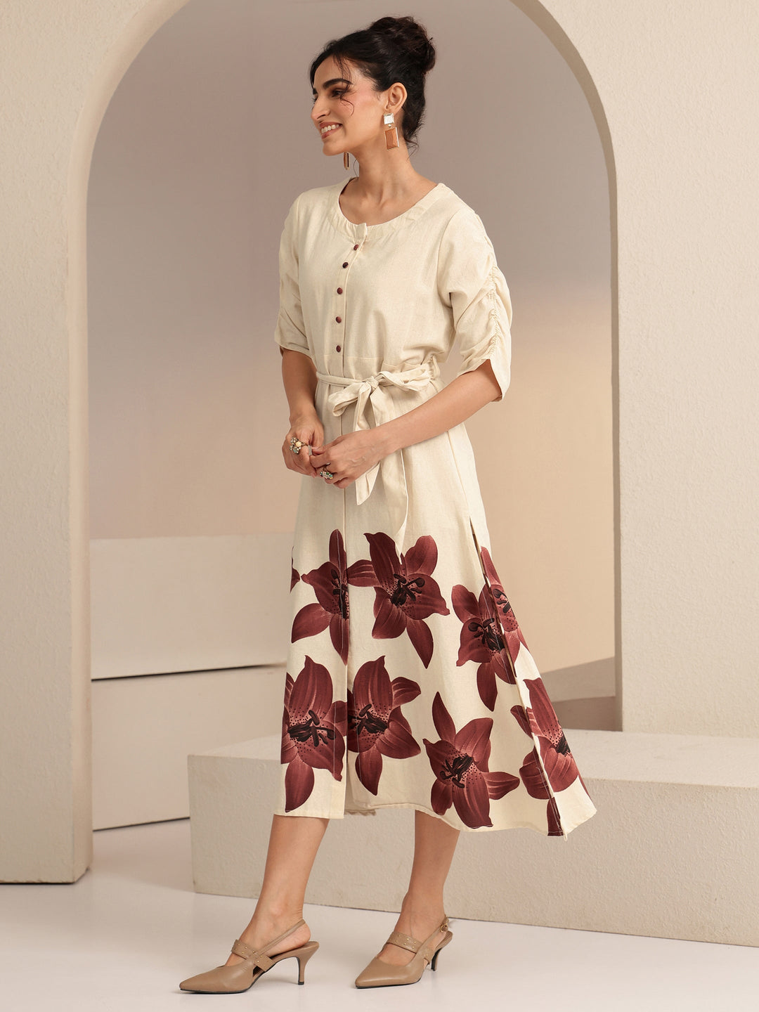  Ivory and Maroon Floral Printed Cotton Blend Midi Dress 