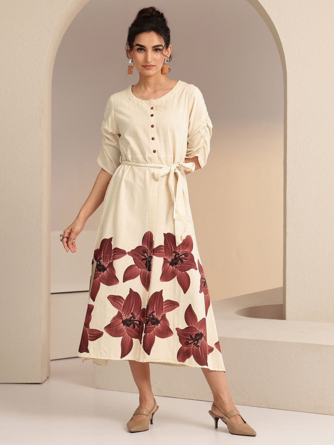  Ivory and Maroon Floral Printed Cotton Blend Midi Dress 