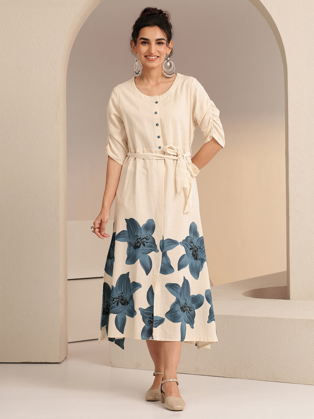  Ivory and Blue Floral Printed Cotton Blend A-Line Dress 
