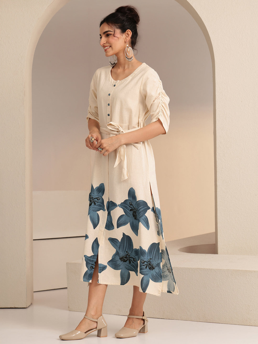  Ivory and Blue Floral Printed Cotton Blend A-Line Dress 