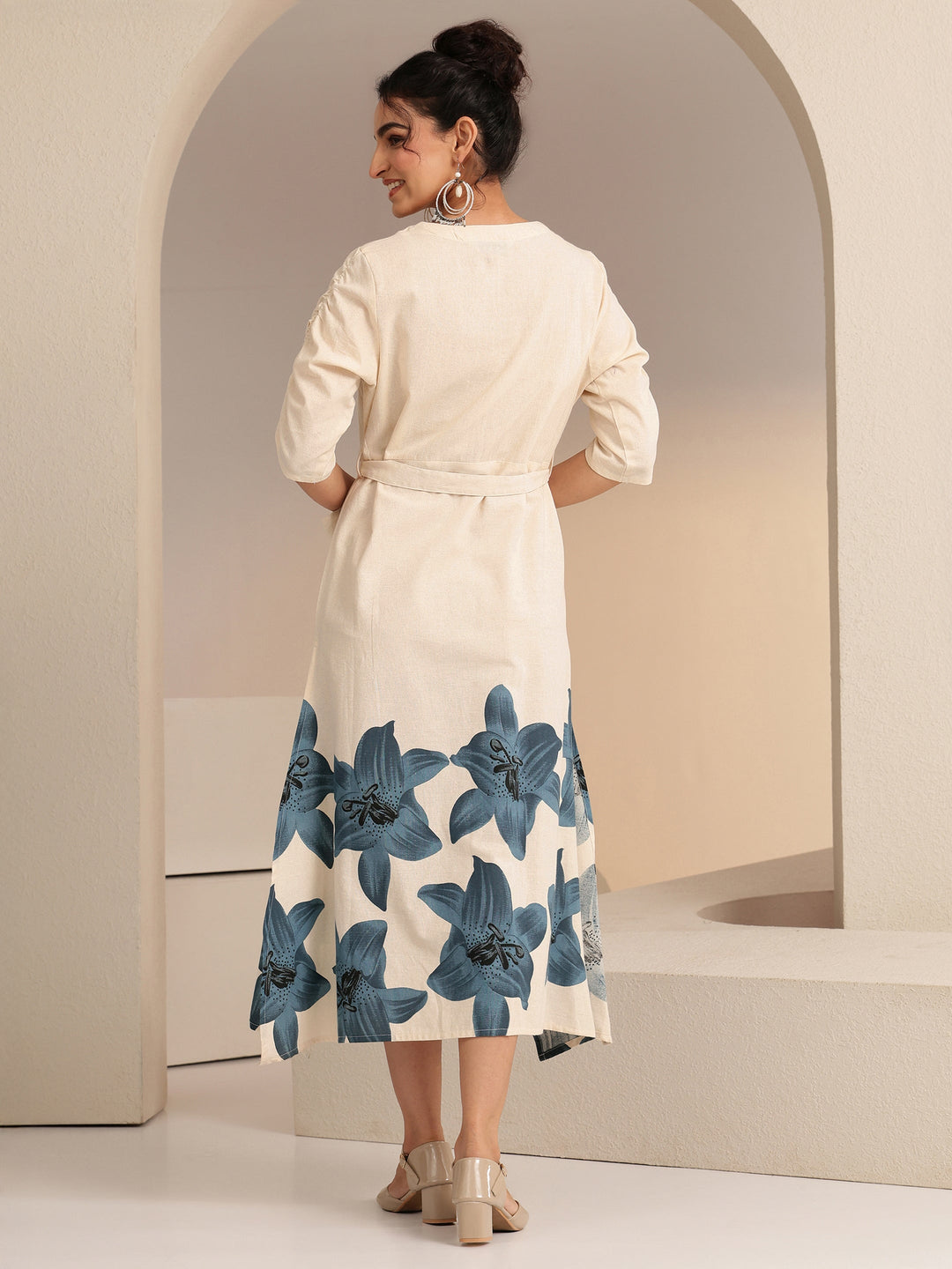  Ivory and Blue Floral Printed Cotton Blend A-Line Dress 