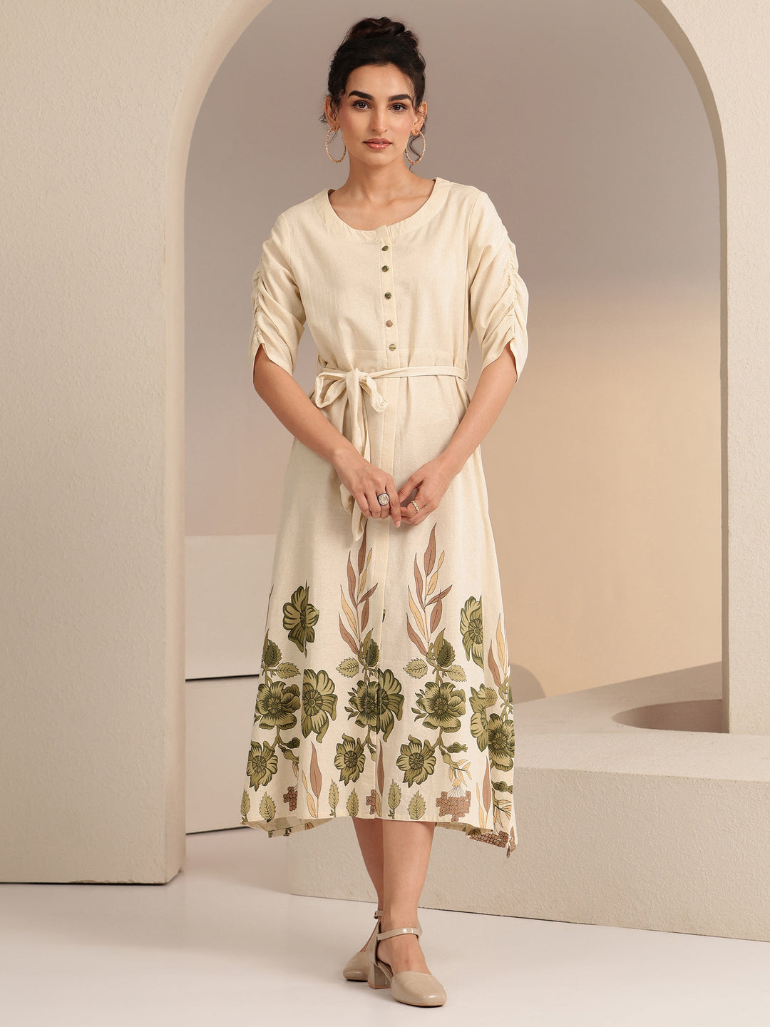  Ivory and  Printed Cotton Blend A-Line Dress 