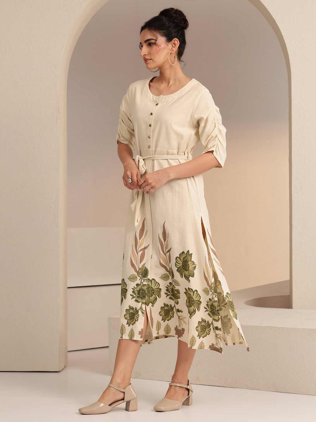  Ivory and  Printed Cotton Blend A-Line Dress 