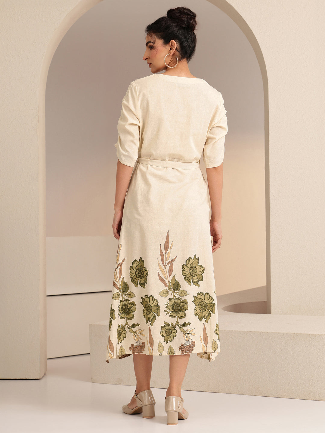  Ivory and  Printed Cotton Blend A-Line Dress 
