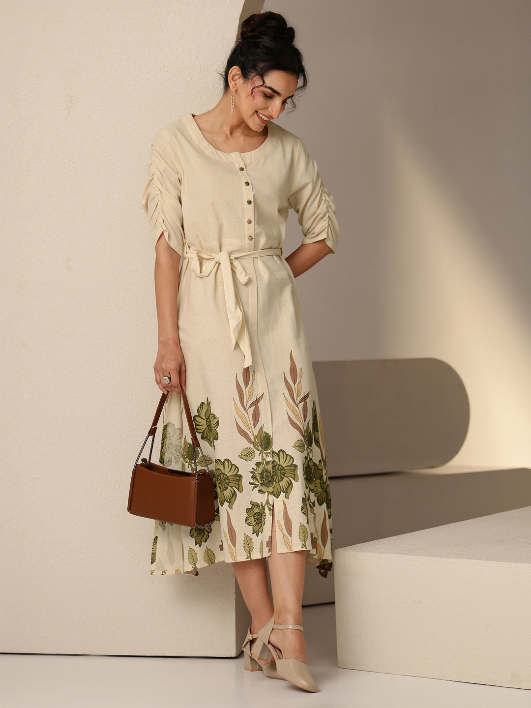  Ivory and  Printed Cotton Blend A-Line Dress 