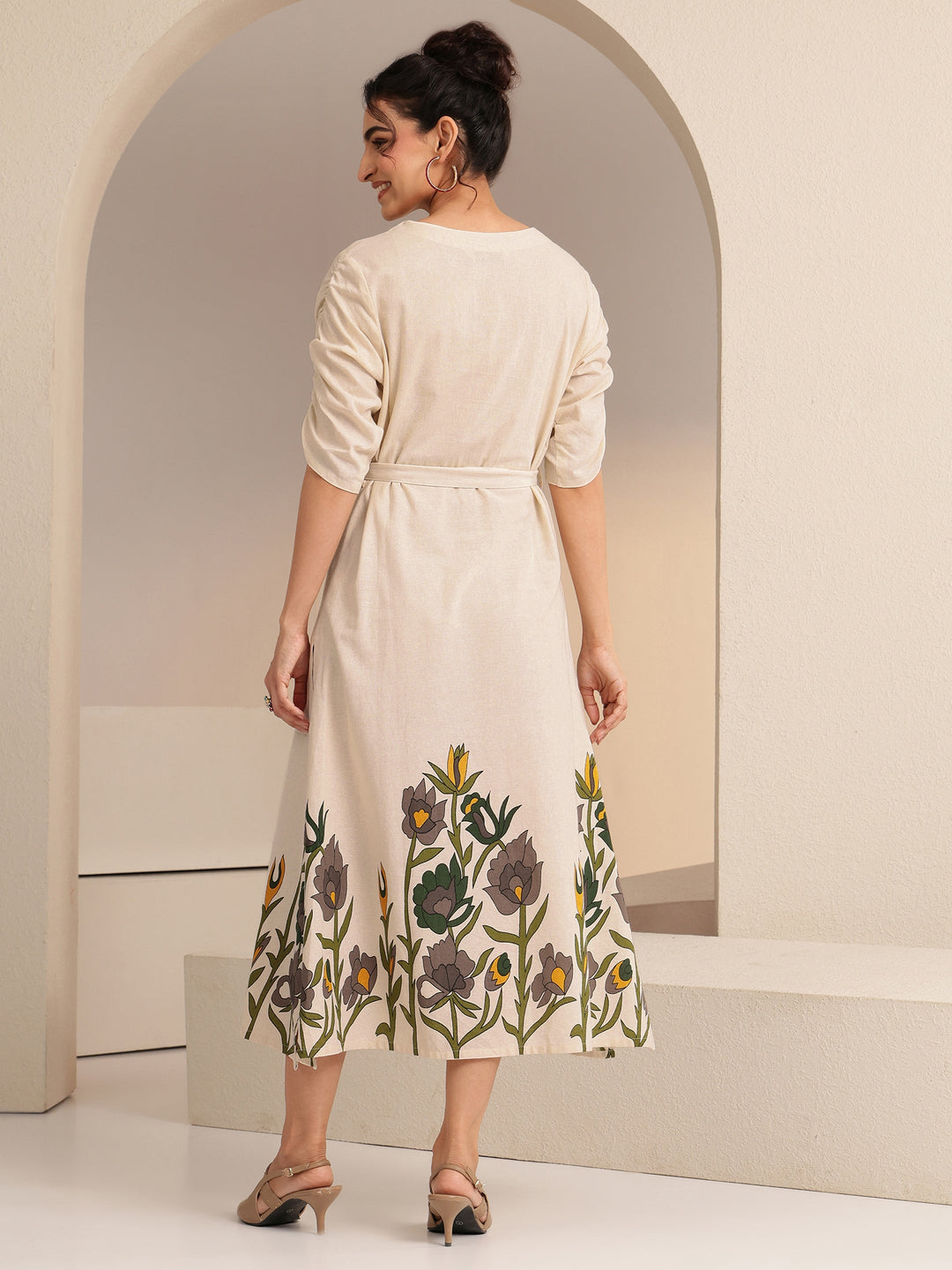  Ivory Floral Printed Cotton Blend A-Line Dress 