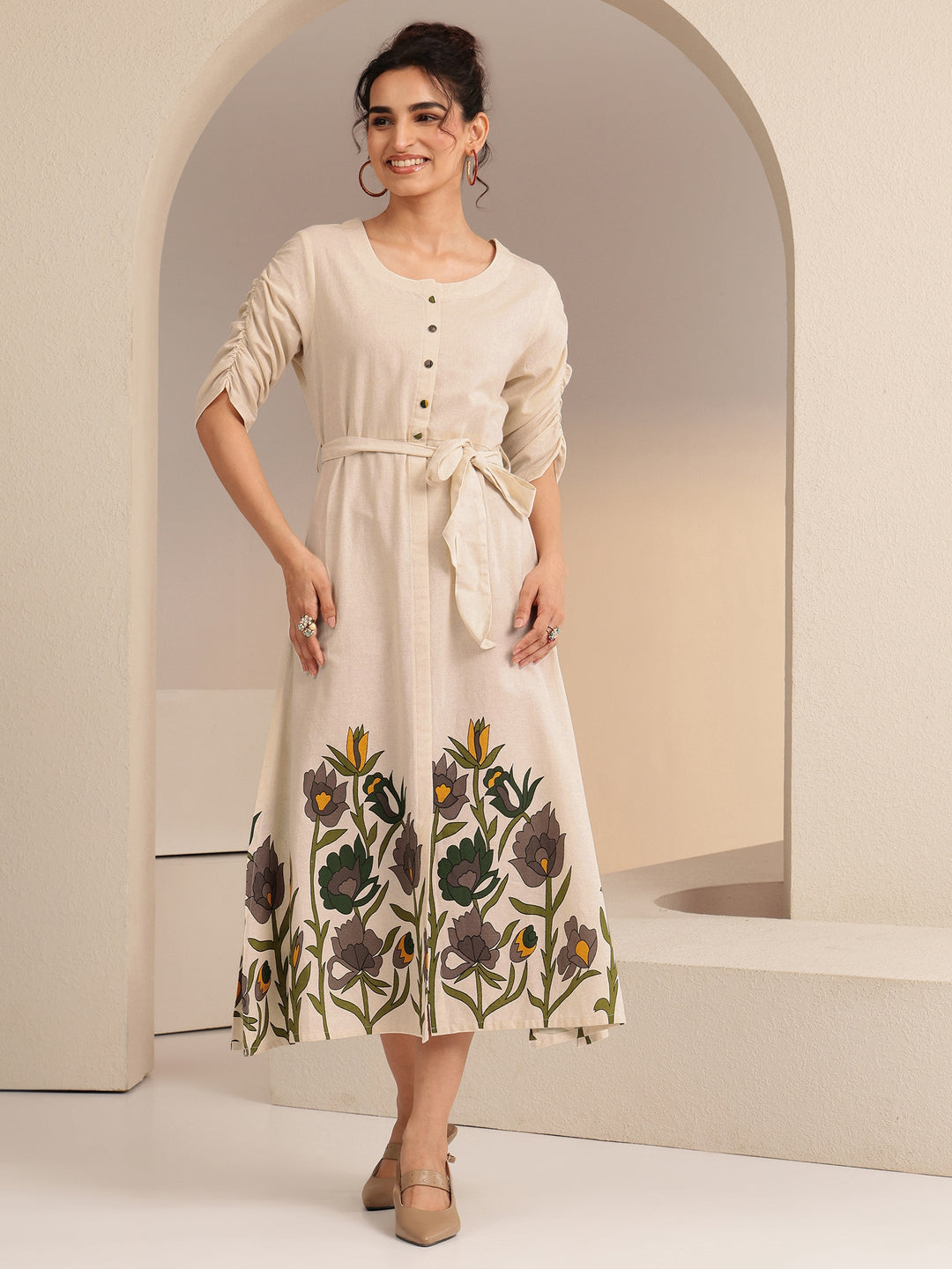  Ivory Floral Printed Cotton Blend A-Line Dress 
