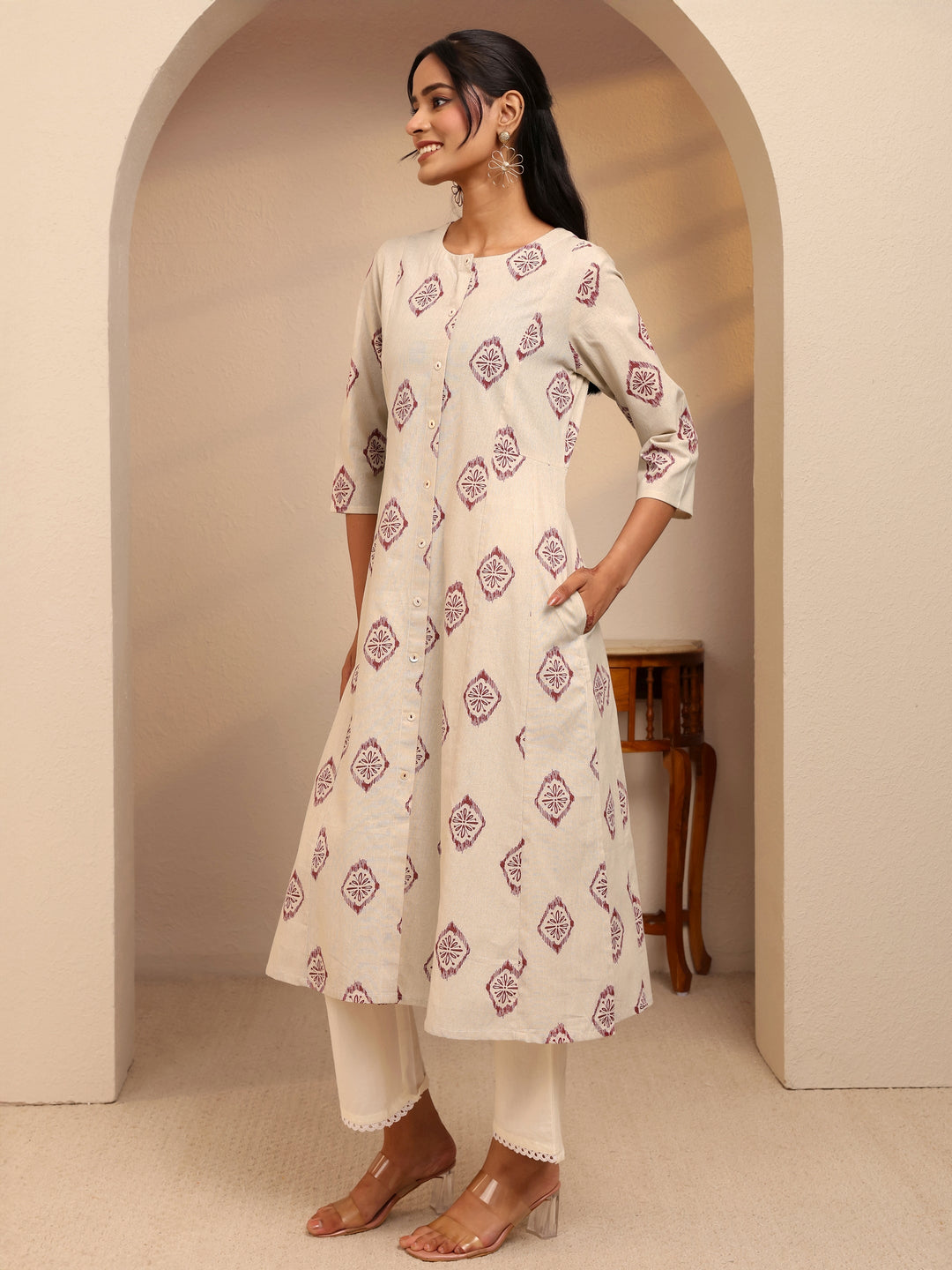  Off White Ethnic Printed Cotton Blend A-Line Kurta 