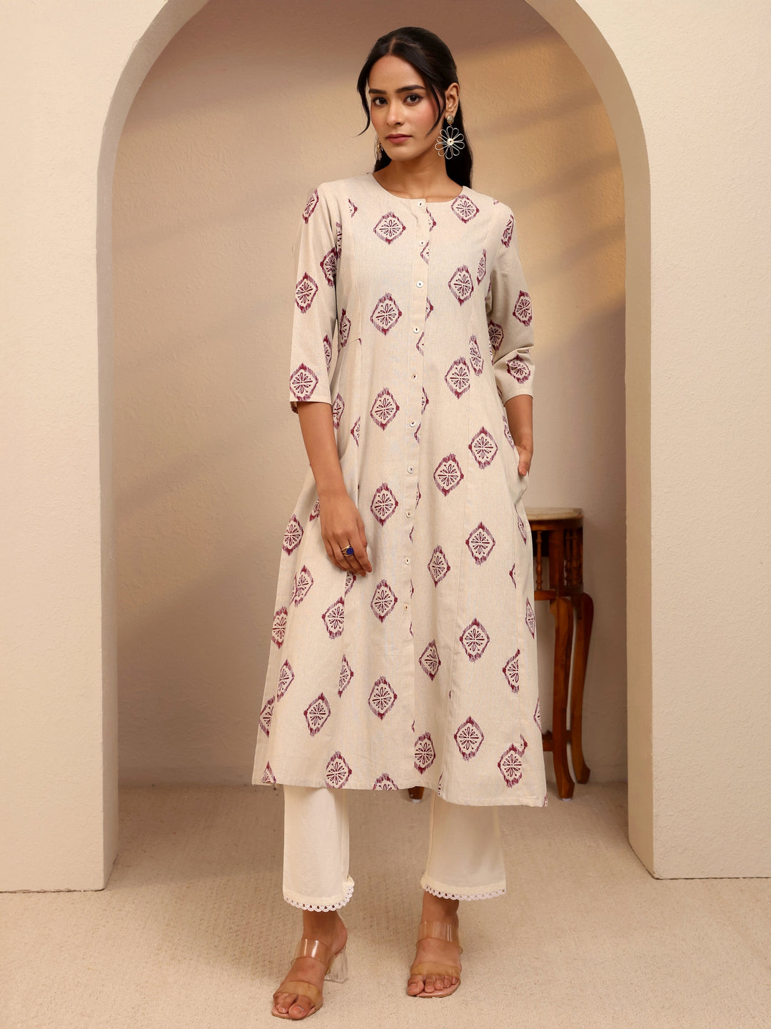  Off White Ethnic Printed Cotton Blend A-Line Kurta 