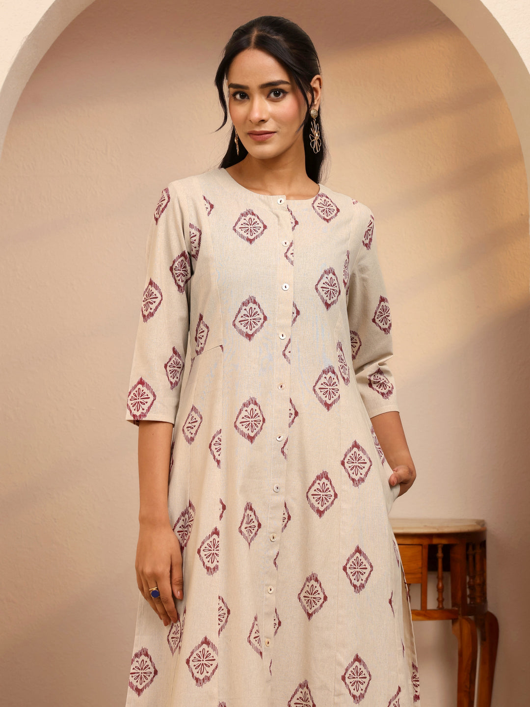  Off White Ethnic Printed Cotton Blend A-Line Kurta 