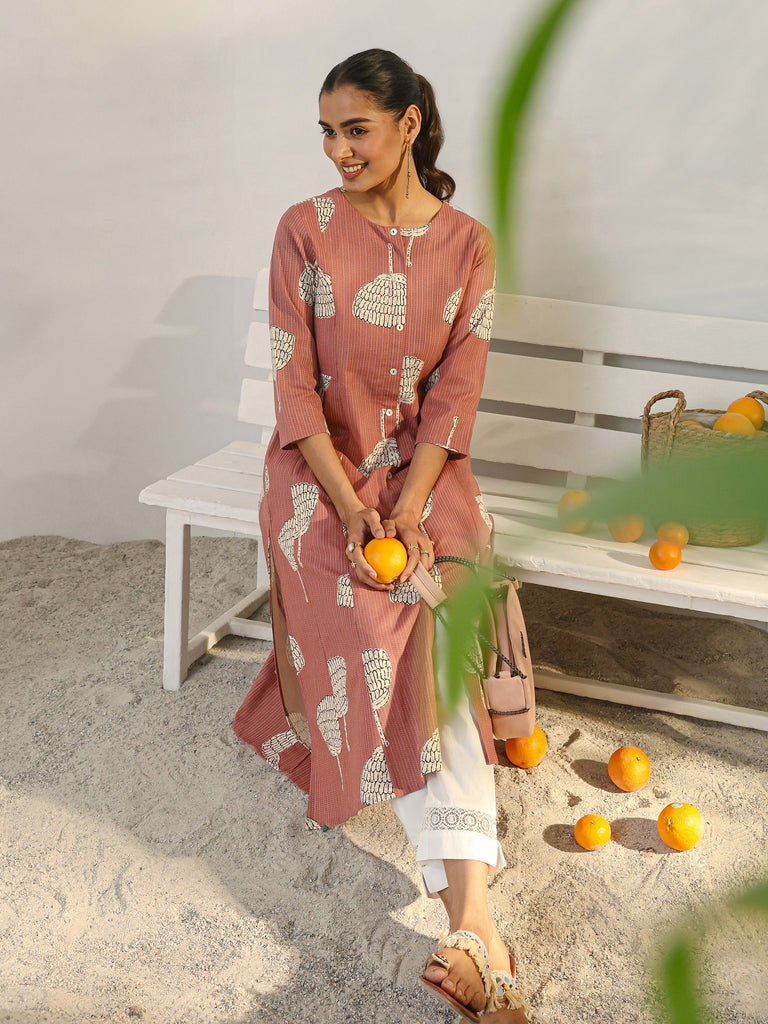 Libas Mauve Printed Cotton Blend A-Line Kurta