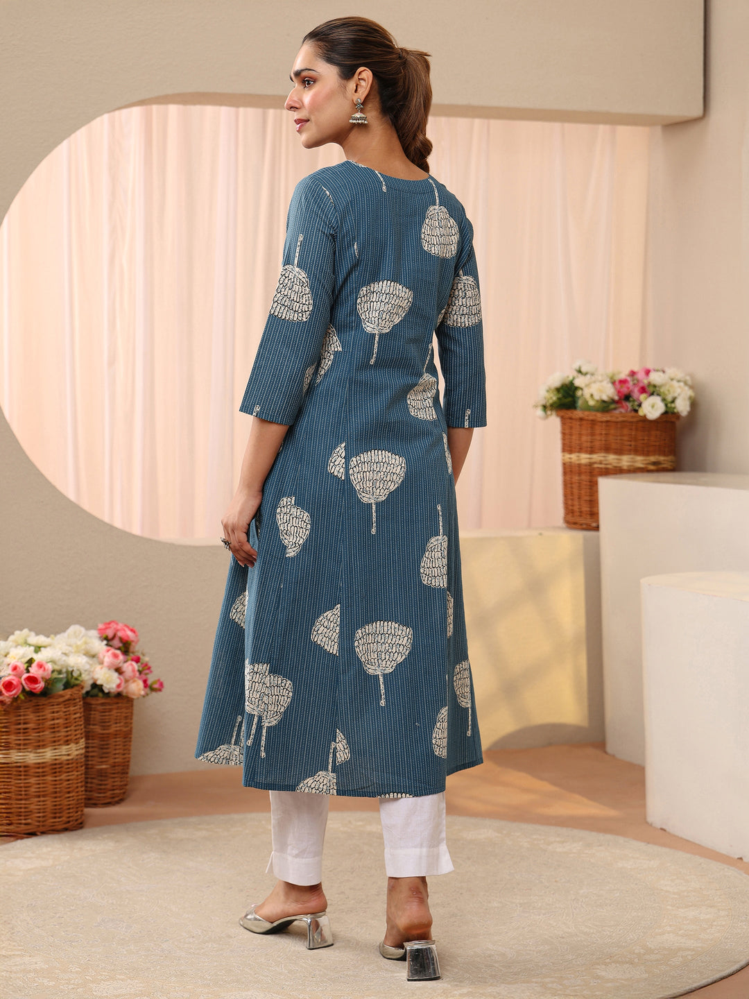  Blue Printed Cotton Blend A-Line Shirt Style Kurta 