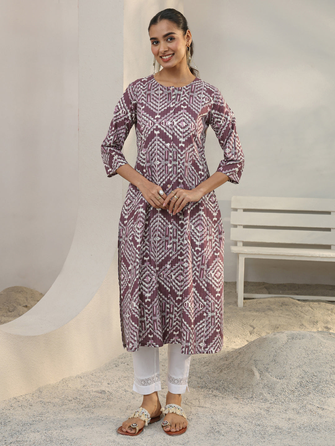  Burgundy Geometric Printed Cotton Blend A-Line Kurta 