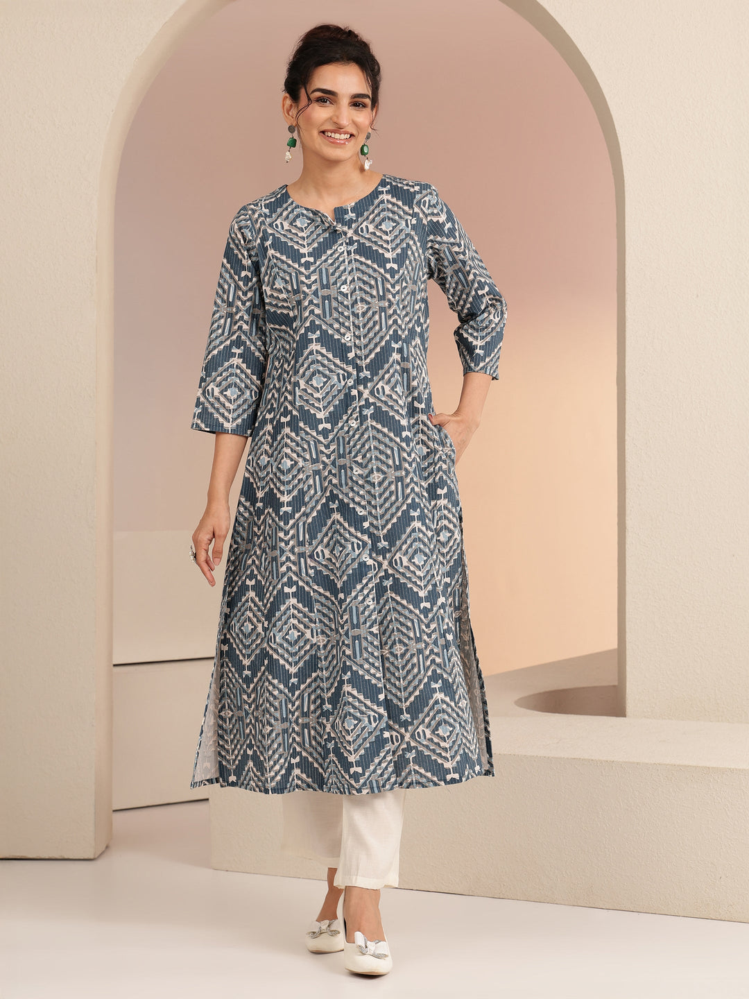  Blue Geometric Print Cotton Blend A-Line Kurta 