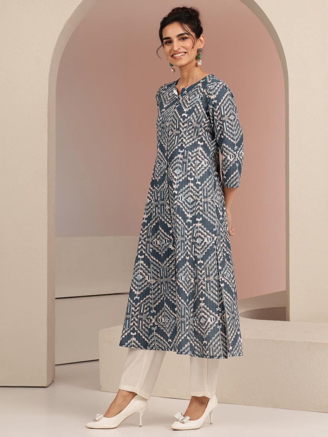  Blue Geometric Print Cotton Blend A-Line Kurta 