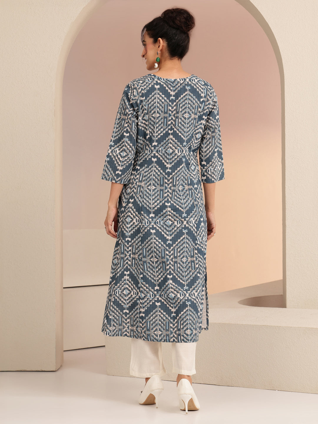  Blue Geometric Print Cotton Blend A-Line Kurta 