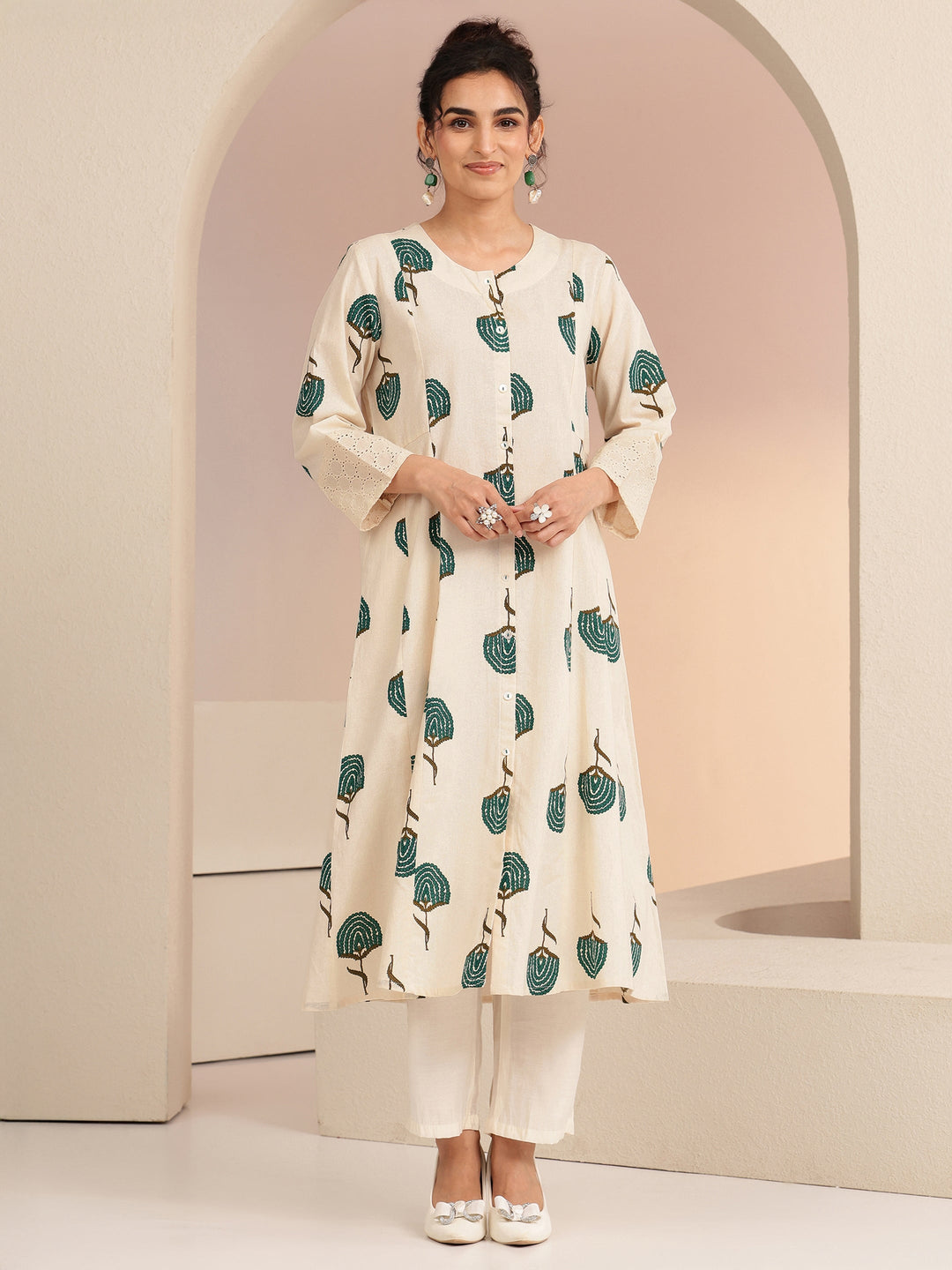  Ivory Floral Printed Cotton Blend A-Line Kurta 