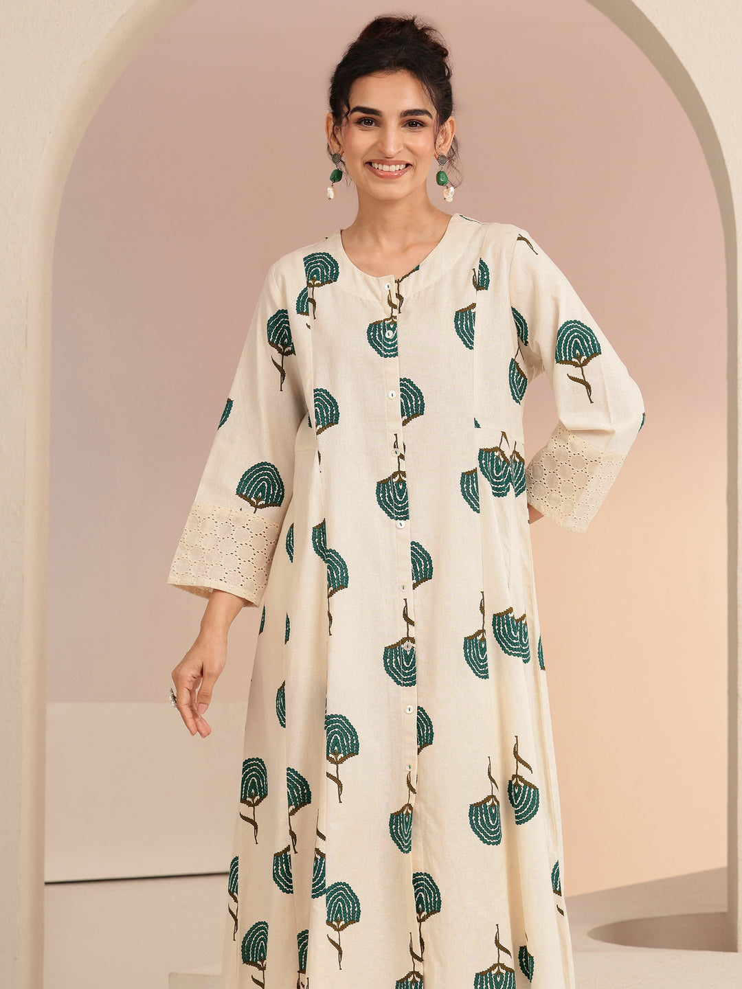  Ivory Floral Printed Cotton Blend A-Line Kurta 