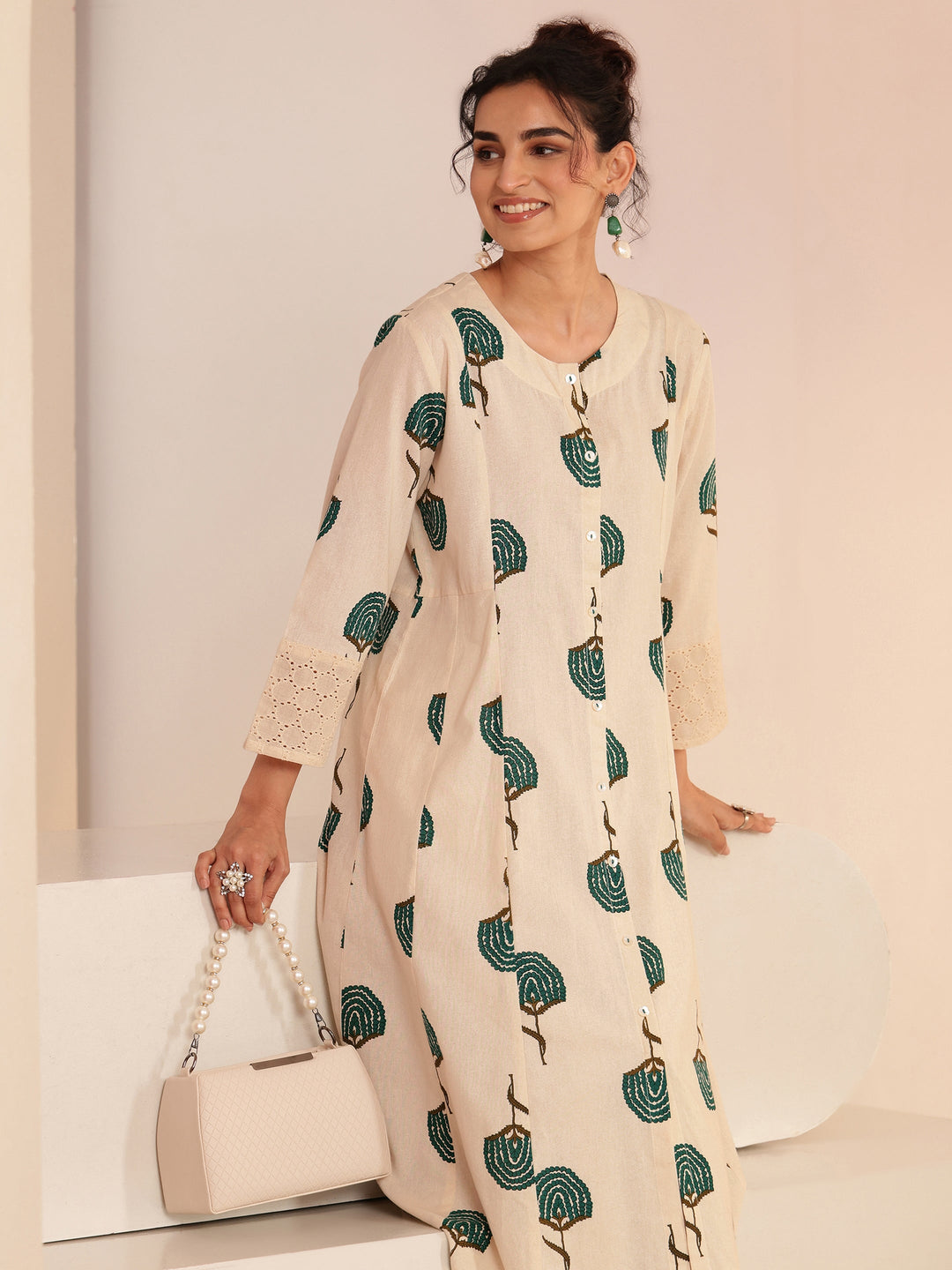  Ivory Floral Printed Cotton Blend A-Line Kurta 
