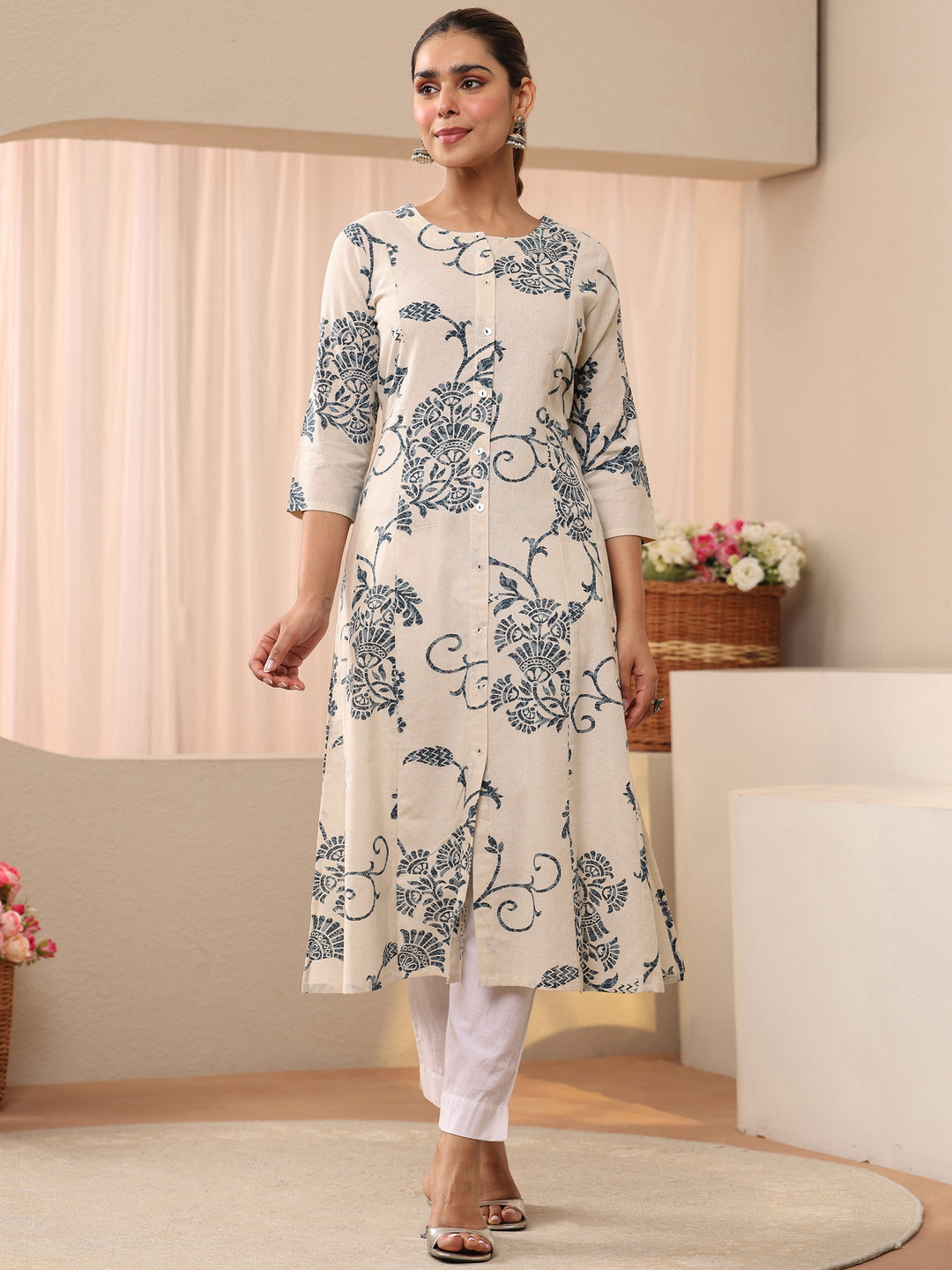  Off White Printed Cotton Blend A-Line Shirt Style Kurta 