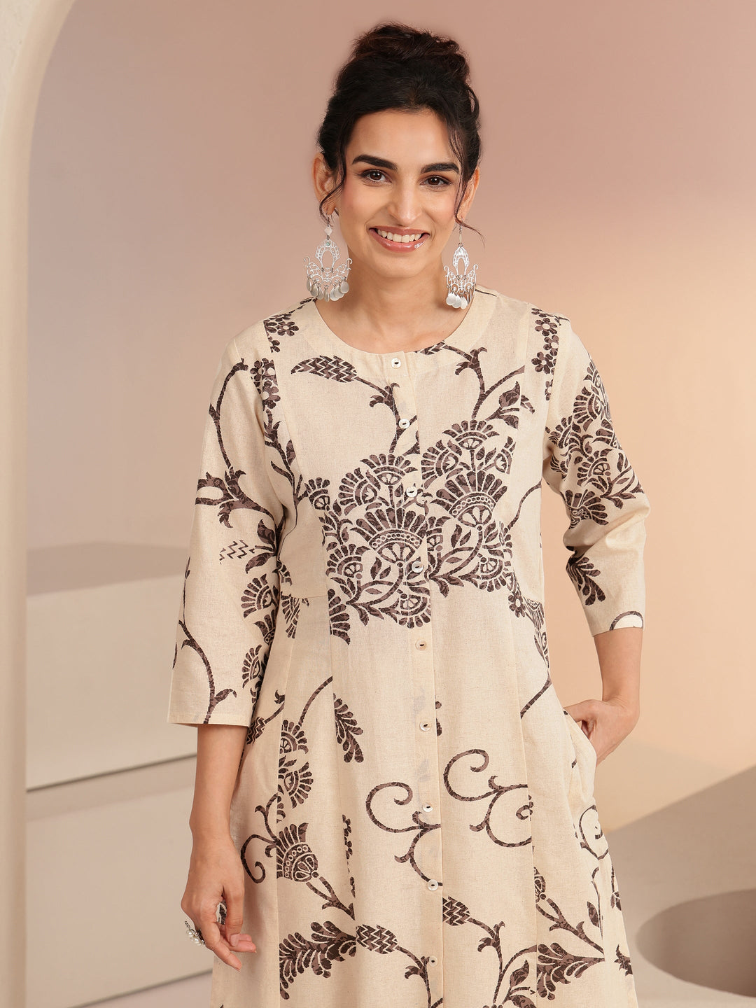  Ivory Floral Printed Cotton Blend A-Line Kurta 