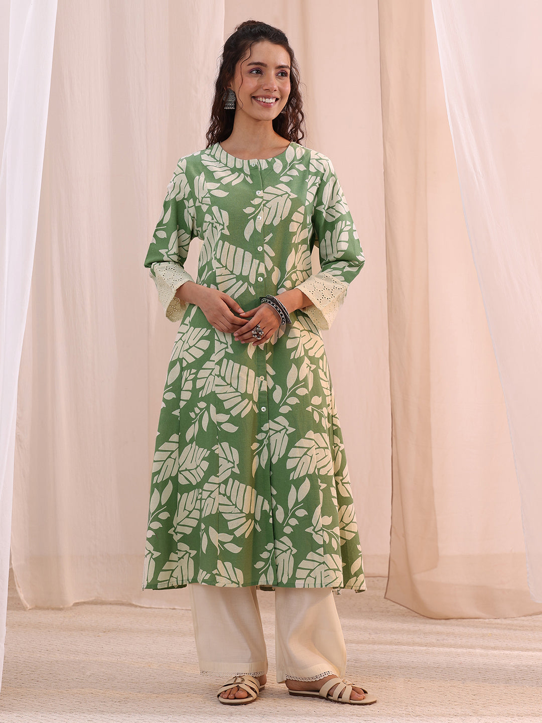  Green Floral Printed Cotton A-Line Kurta 
