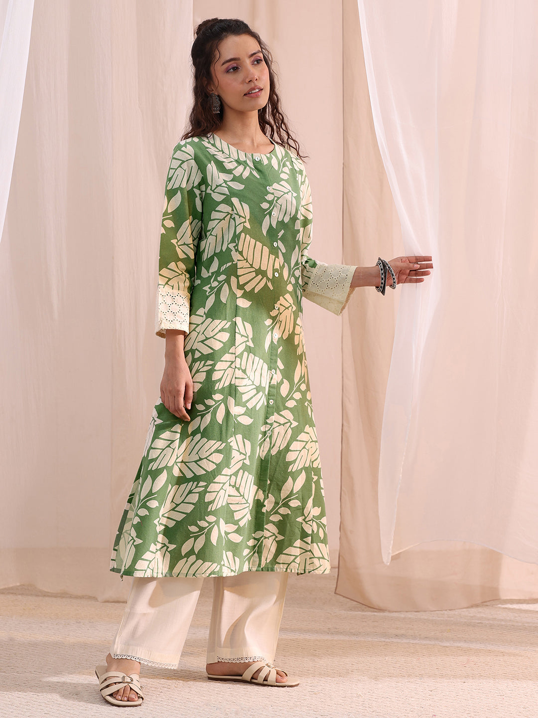  Green Floral Printed Cotton A-Line Kurta 