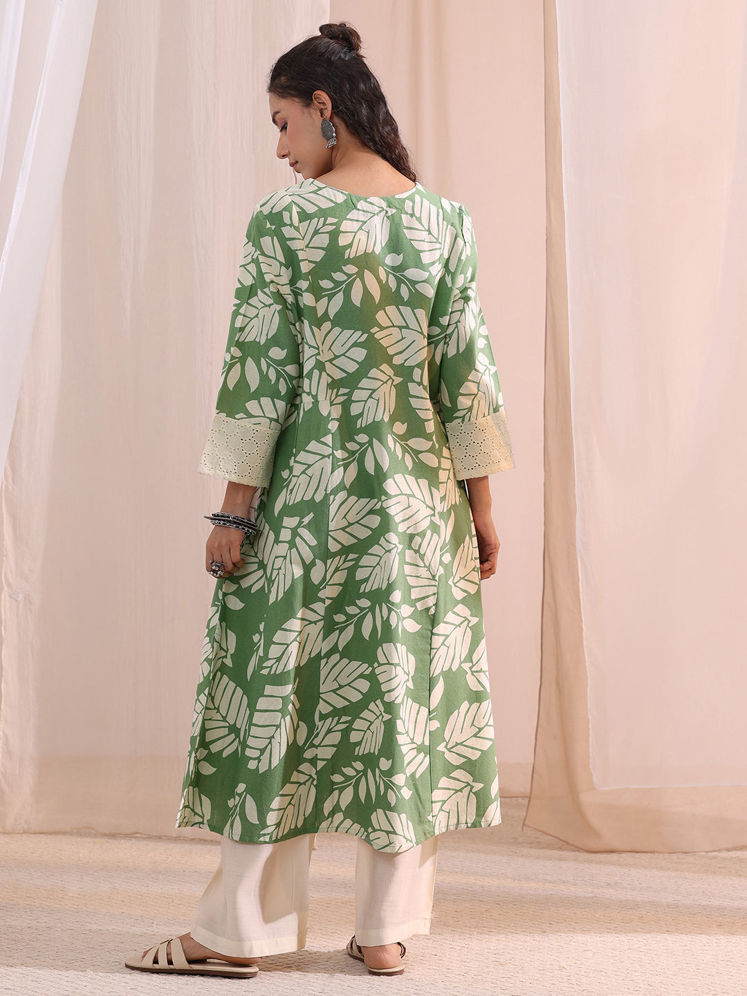  Green Floral Printed Cotton A-Line Kurta 