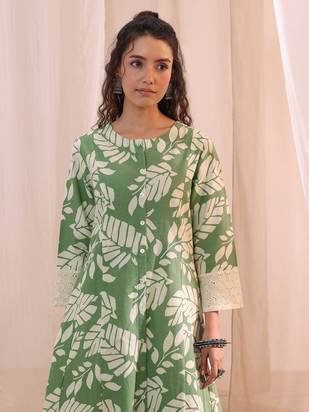  Green Floral Printed Cotton A-Line Kurta 