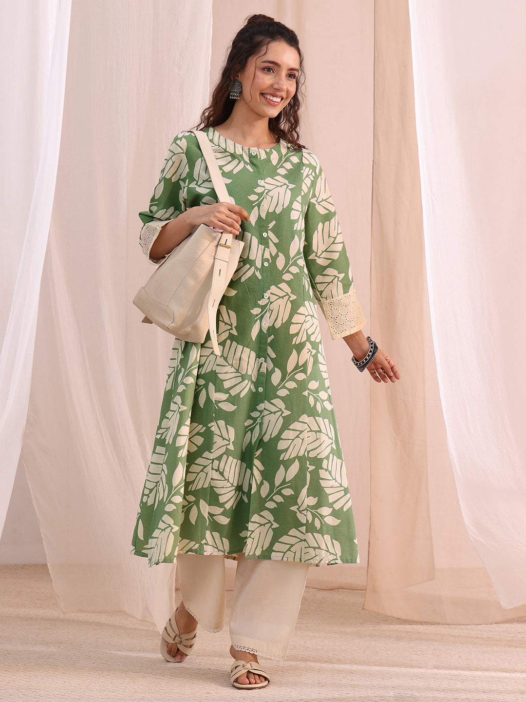 Libas Green Floral Printed Cotton A-Line Kurta-picture-23