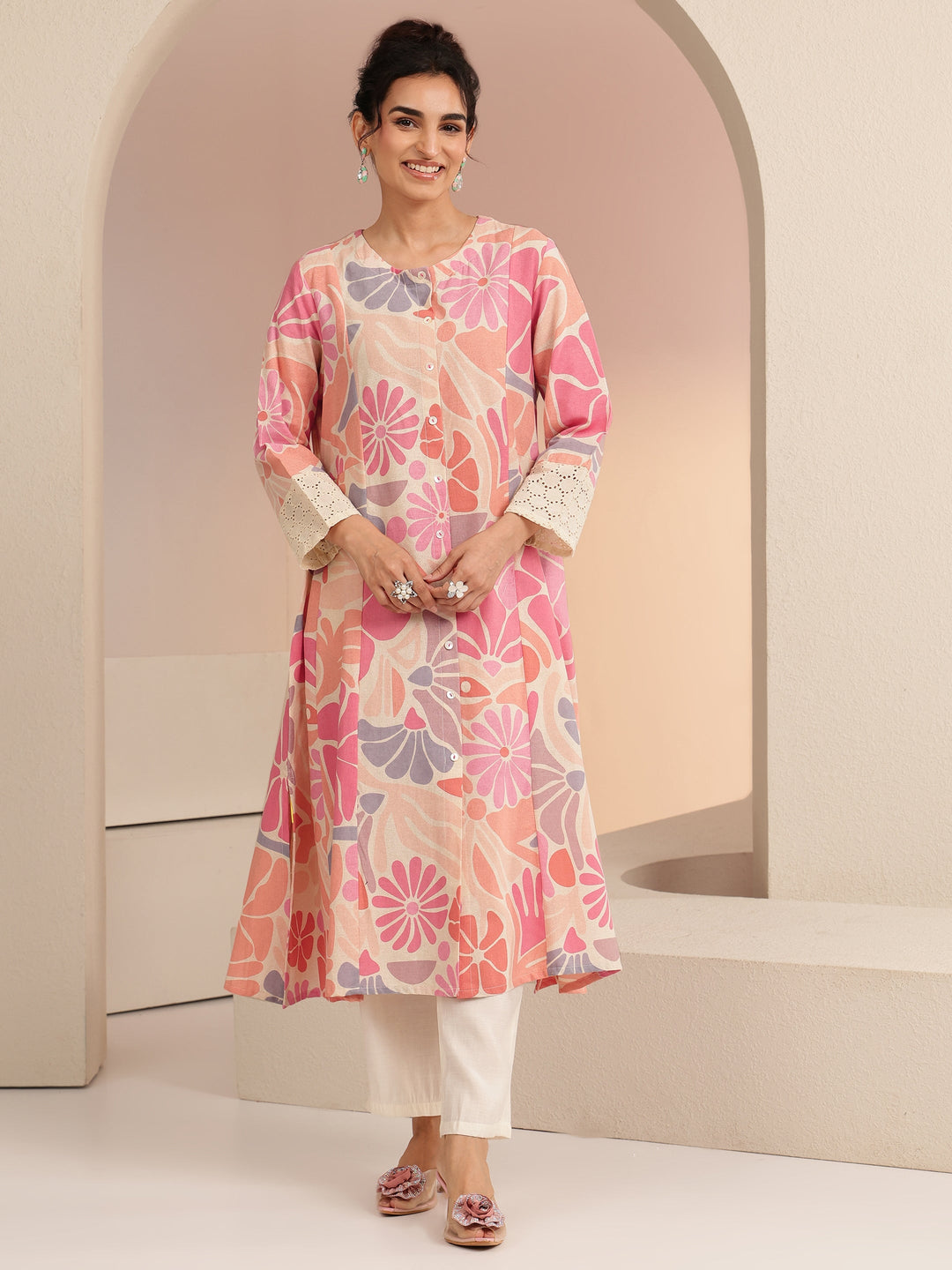  Multi Floral Printed Cotton Blend Shirt-Style A-Line Kurta 