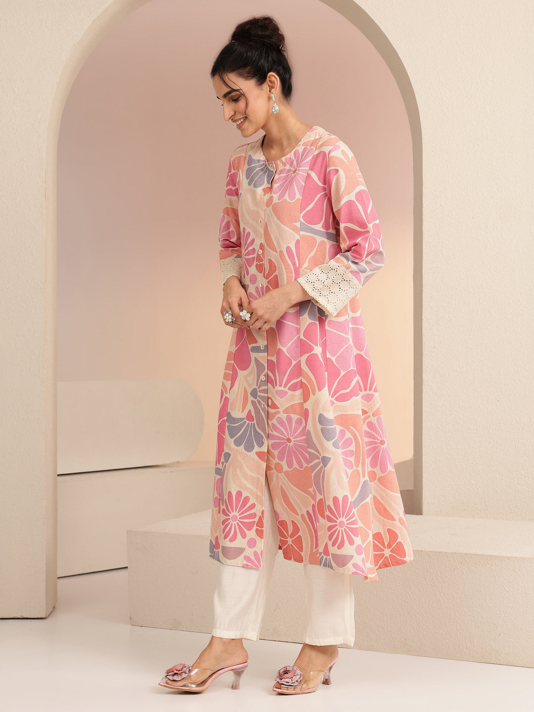  Multi Floral Printed Cotton Blend Shirt-Style A-Line Kurta 