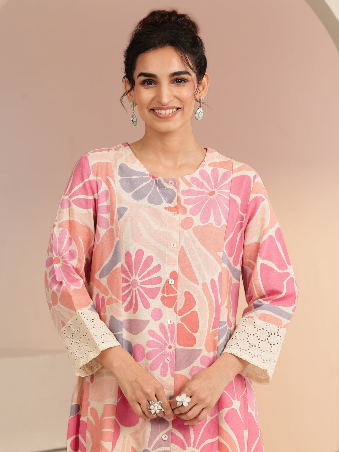  Multi Floral Printed Cotton Blend Shirt-Style A-Line Kurta 
