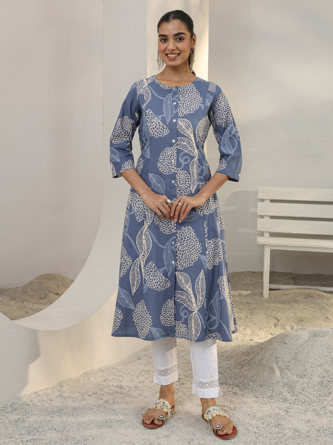  Blue Floral Printed Cotton Blend A-Line Kurta 