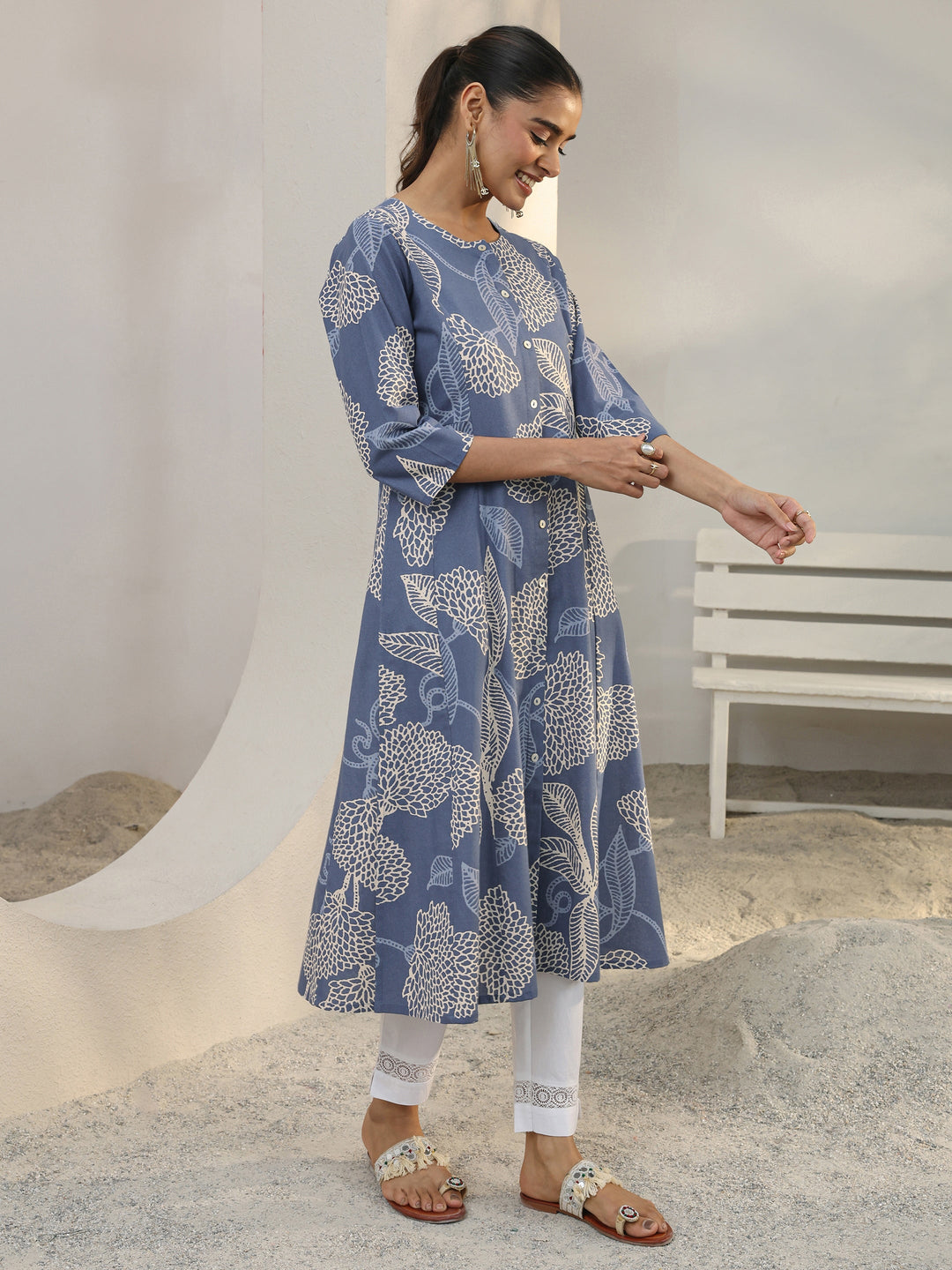  Blue Floral Printed Cotton Blend A-Line Kurta 