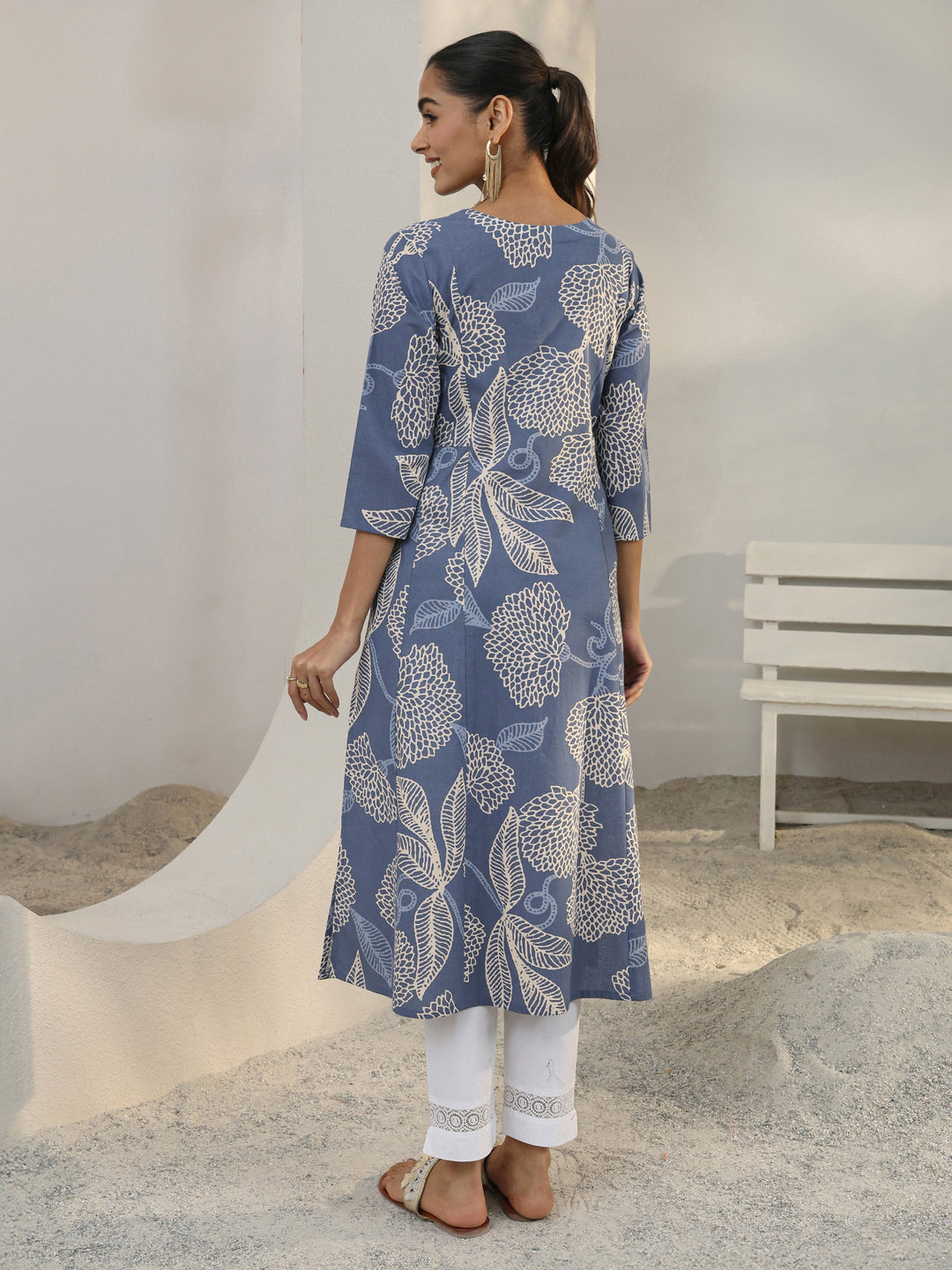  Blue Floral Printed Cotton Blend A-Line Kurta 