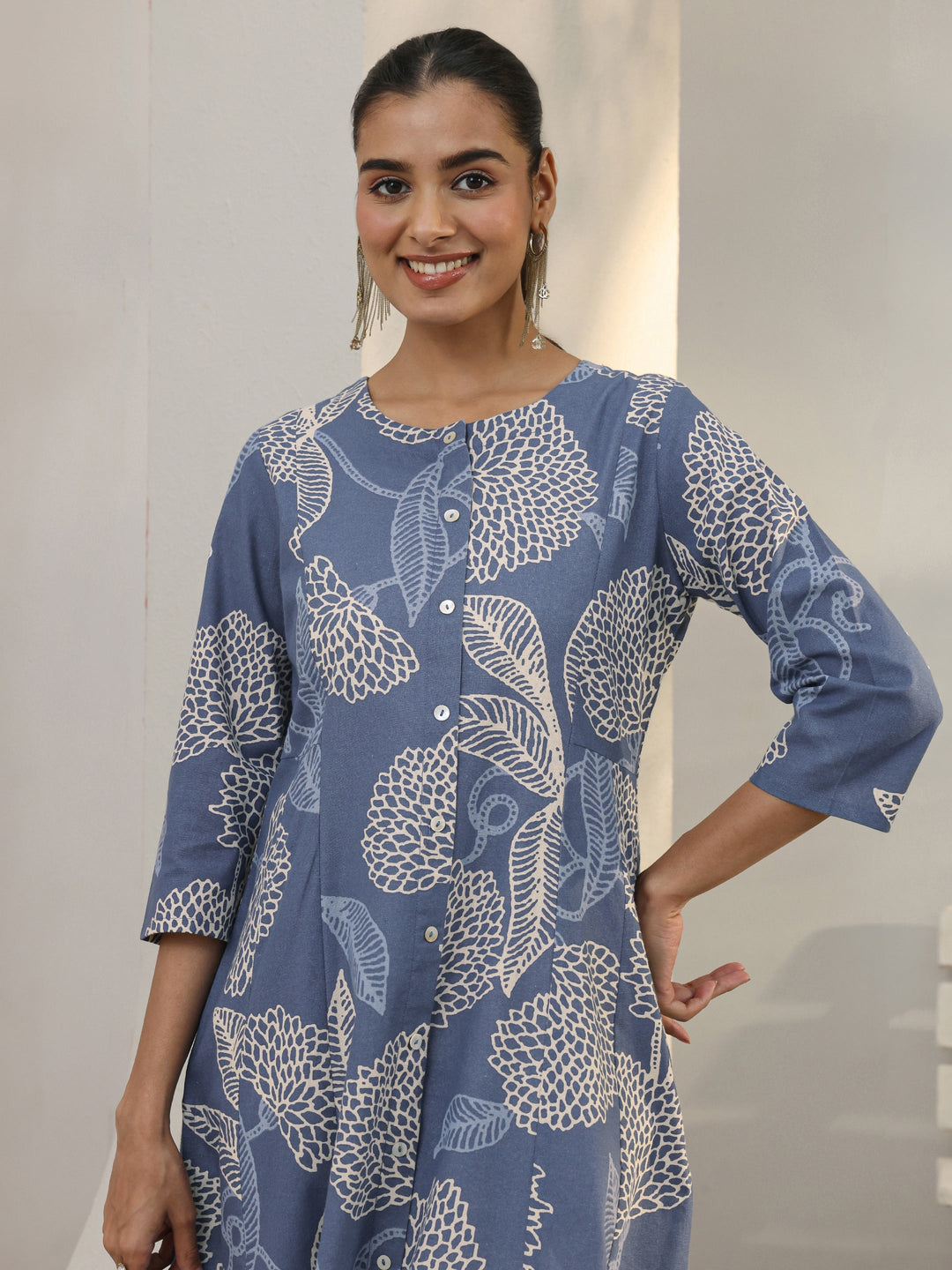 Blue Floral Printed Cotton Blend A-Line Kurta 