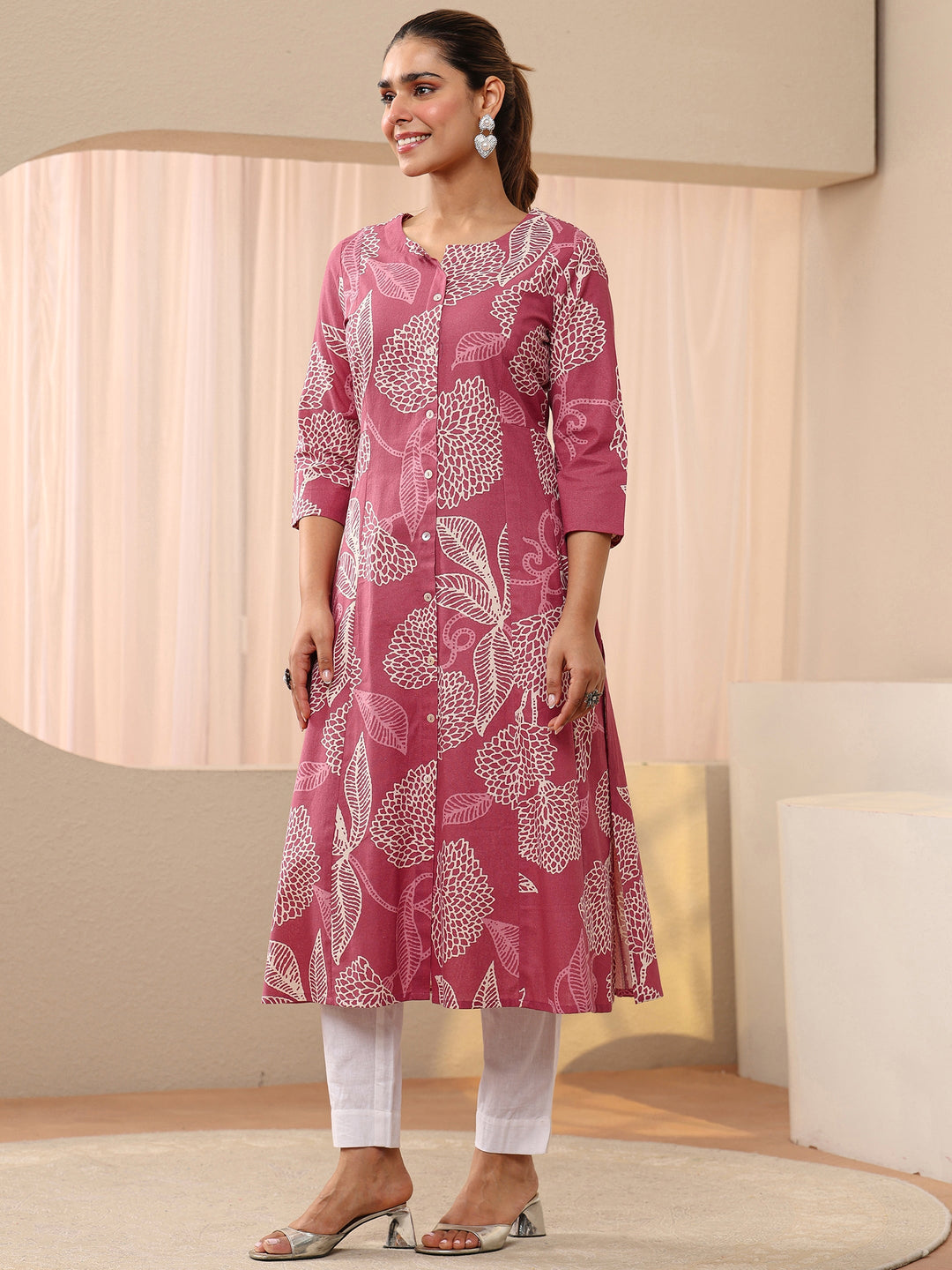  Pink Floral Printed Cotton Blend A-Line Shirt Style Kurta 